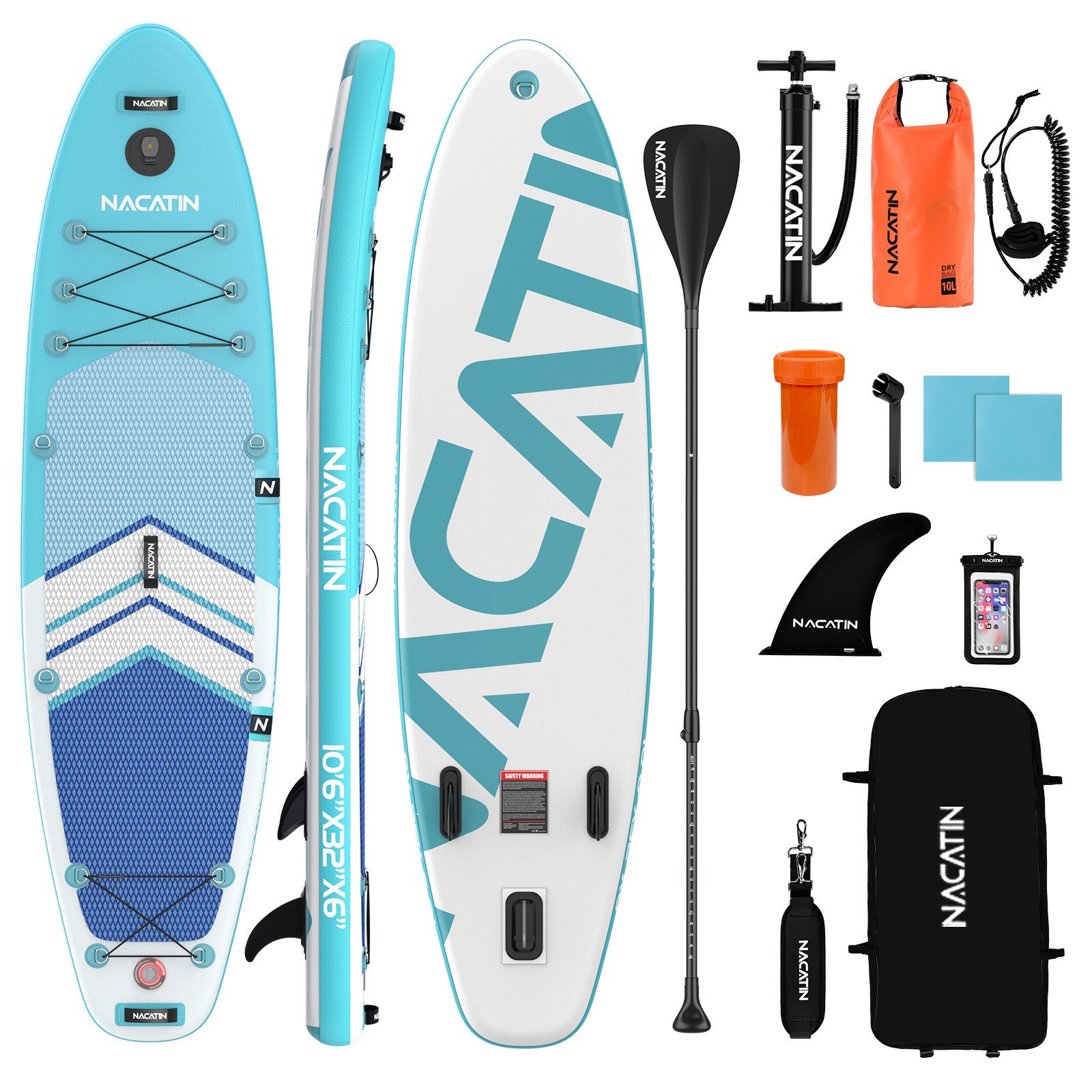 NACATIN Inflatable SUP-Board 320 cm, Aufblasbares Stand-Up-Paddle Board für Allround & Touring, Inflatable SUP Board, (inkl. Rucksack, 10L Trockenbeutel, Handyhülle & Schultergurt), mit umfangreichem Zubehör