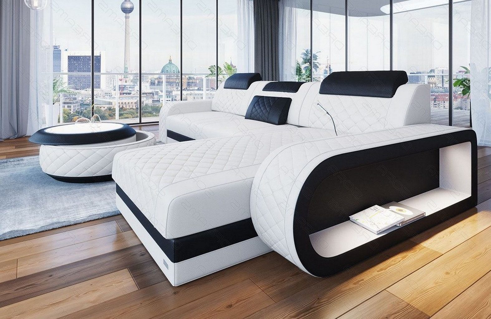 Sofa Dreams Ecksofa Berlin L Form Leder, Ecksofa, Ottomane, LED-Beleuchtung, Breite: 308cm, Zierkissen, 4-Sitzer, USB