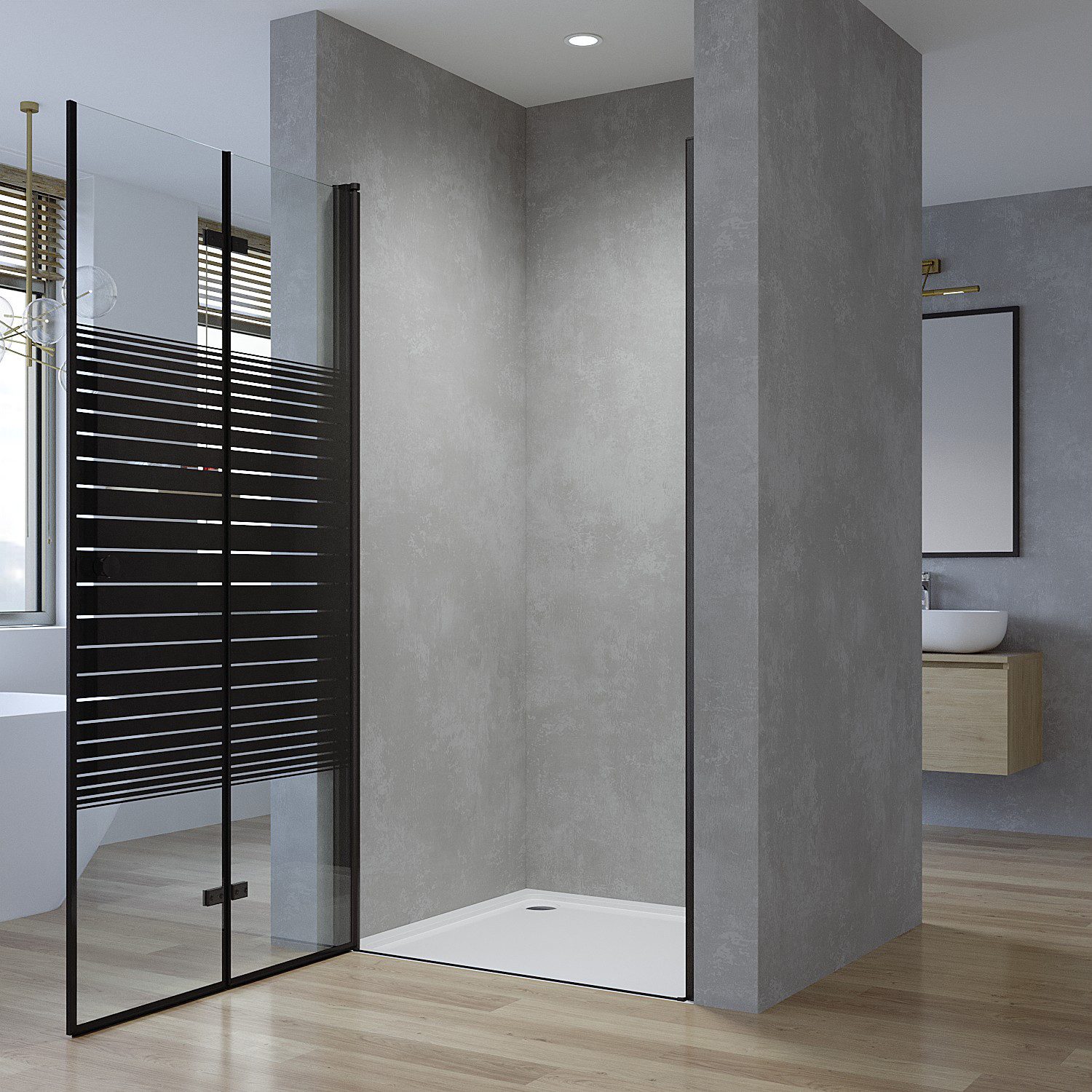 AQUALAVOS Dusch-Falttür Nischentür Dusche mit Falttür Schwarz 5 mm ESG Glas Streifendekor, 70x187 cm, 5 mm Einscheiben-Sicherheitsglas (ESG), Robuste Aluminiumprofile Hebe-Senk-Funktion Platzsparende Falttür