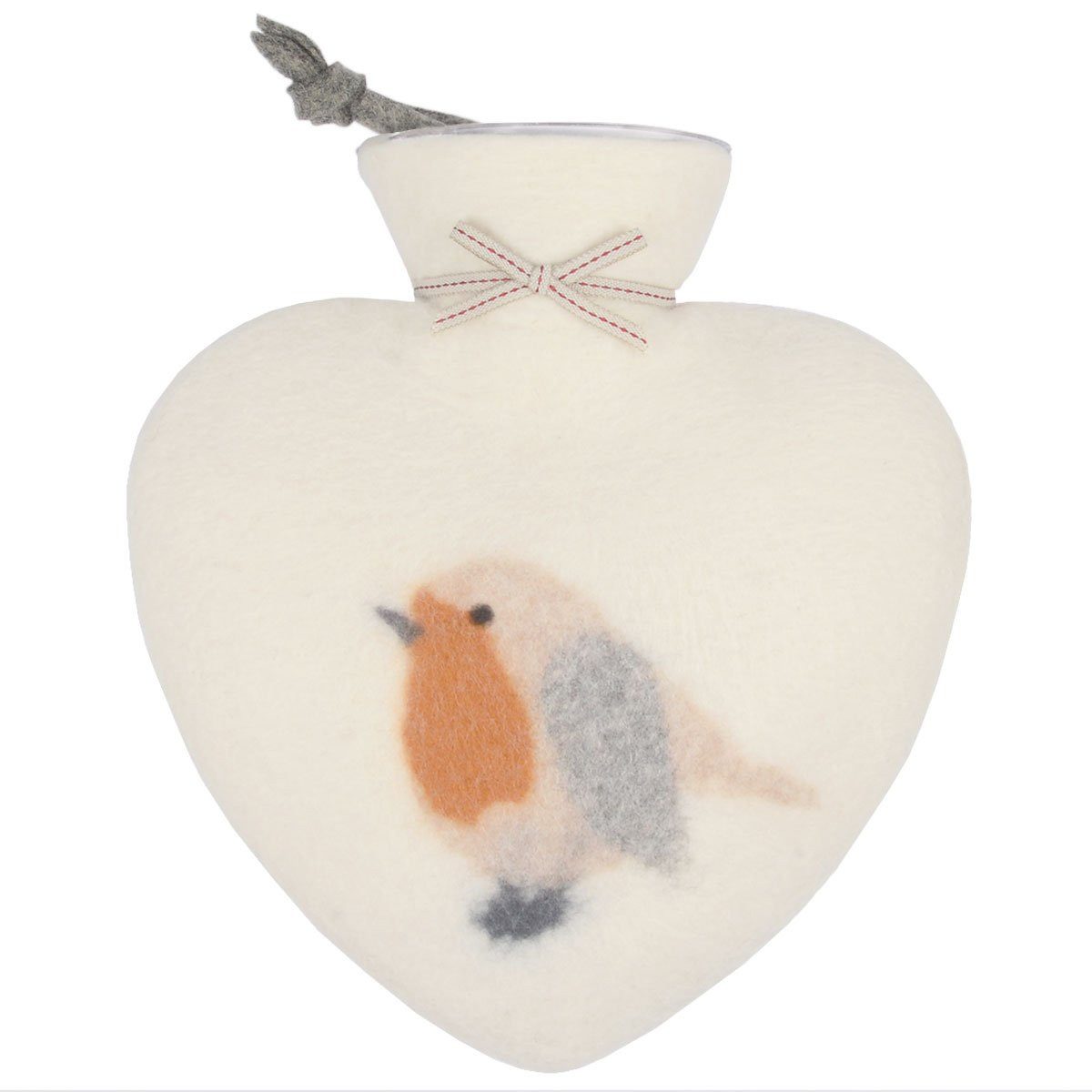 Dorothee Lehnen Wärmflasche in Herzform mit Bezug aus Merinowolle; Weiß / Rotkehlchen