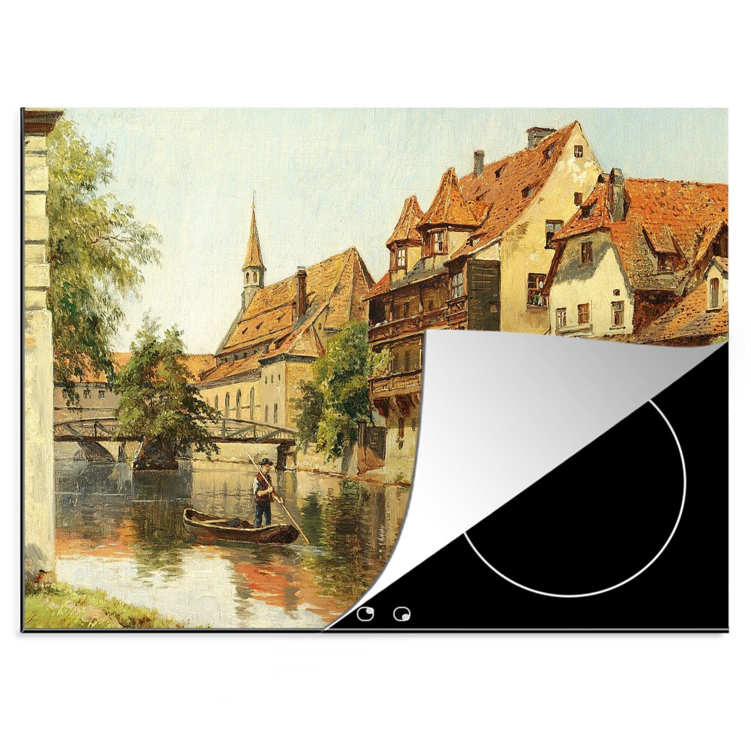 MuchoWow Herdblende-/Abdeckplatte Ein Korb in einem Båd in einem Tysk von - Gemälde von August Fischer, Vinyl, (1 tlg), 70x52 cm, Mobile Arbeitsfläche nutzbar, Ceranfeldabdeckung