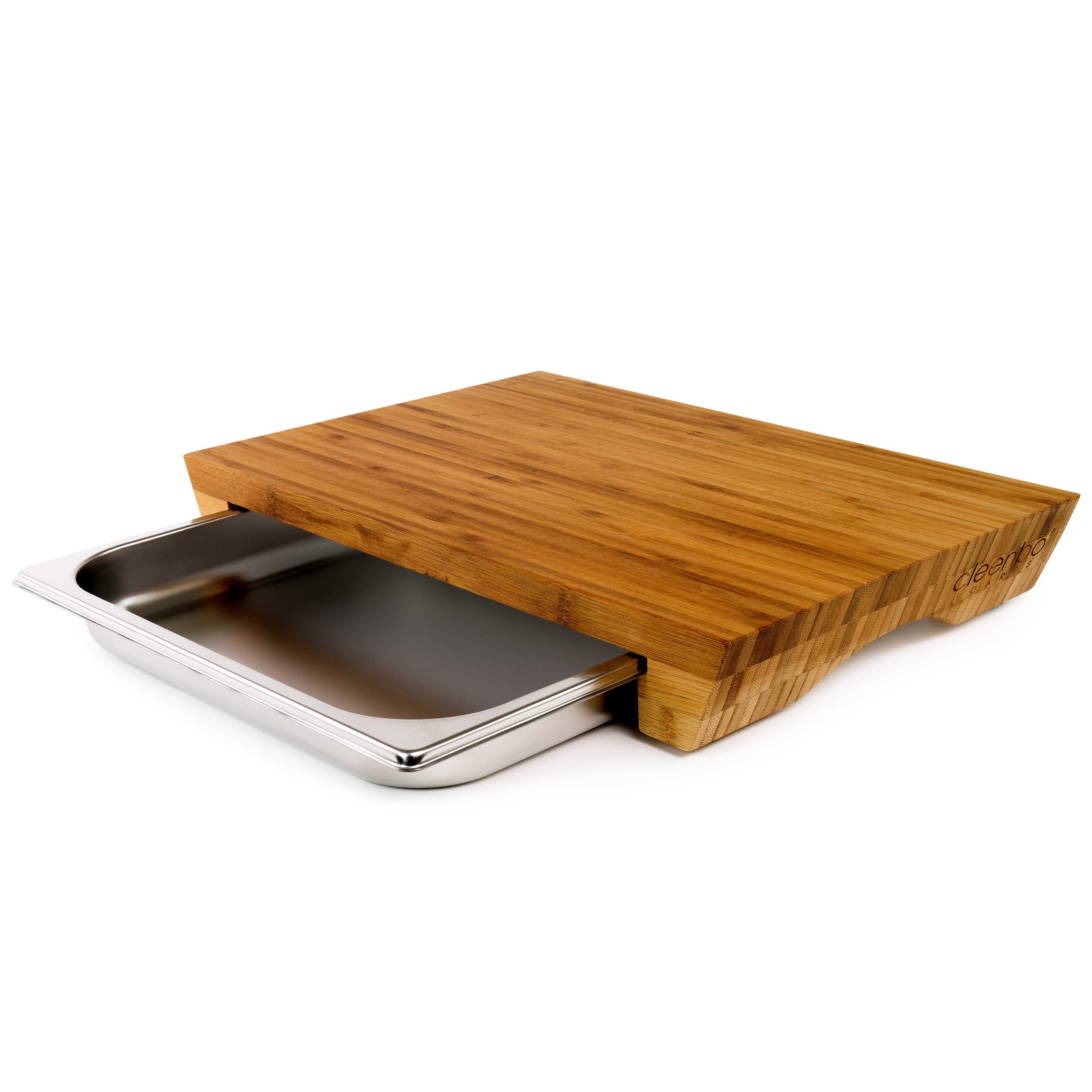 cleenbo Schneidebrett mit Auffangschale - Profi Holz Küchenbrett Bambus - 43 x 29 x 7 cm, Bambus, Antibakteriell, Holzbrett mit Auffangschale aus Edelstahl