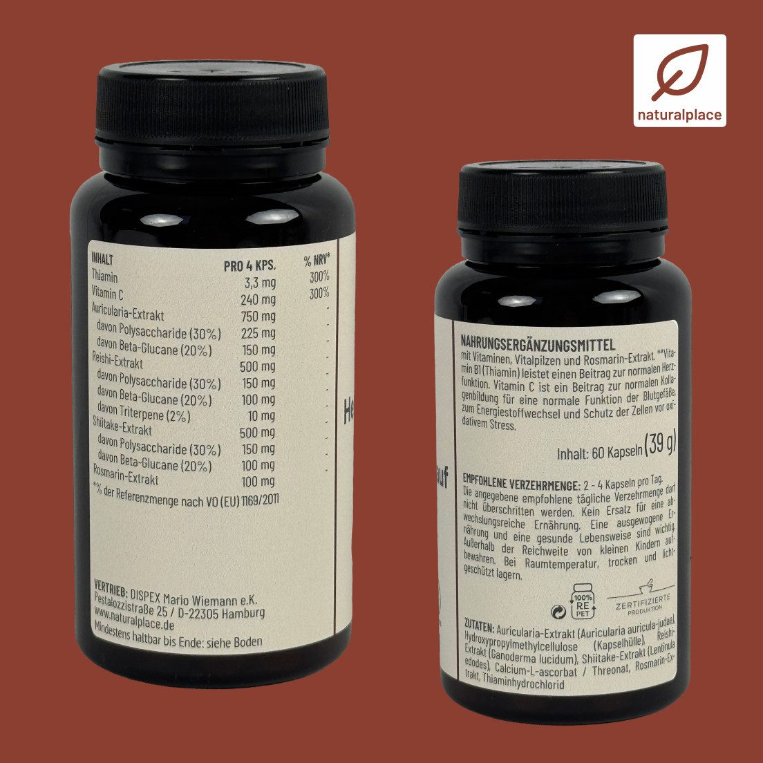 naturalplace® Herz-Kreislauf Komplex, mit Vitaminen und Vitalpilzen, Kapseln, 60 St., 39 g 39 ml