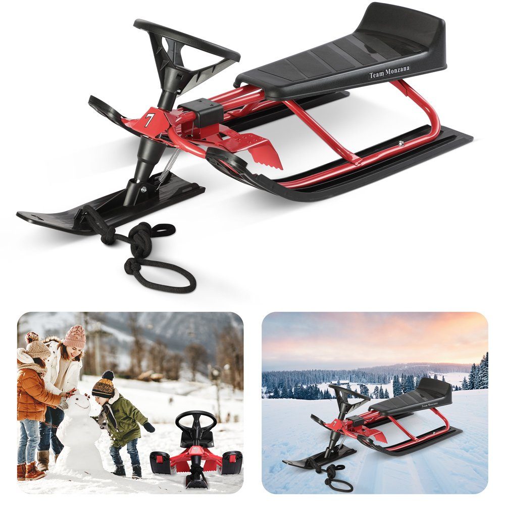 monzana Lenkschlitten Lenkschlitten, bis 75kg Lenkrad Rückenlehne Bremse Zugseil Kinderschlitten Bob Rot