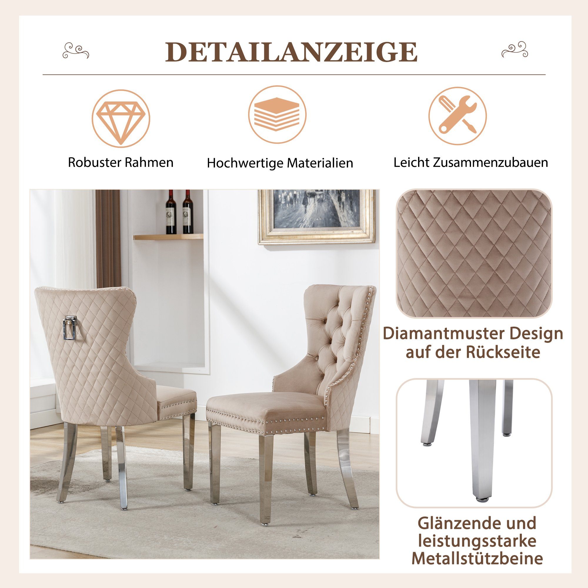 Esszimmerstuhl (Polsterstuhl, 6 St), mit Türklopfer, Beine aus Edelstahl, gepolsterte Sitzfläche aus Samt
