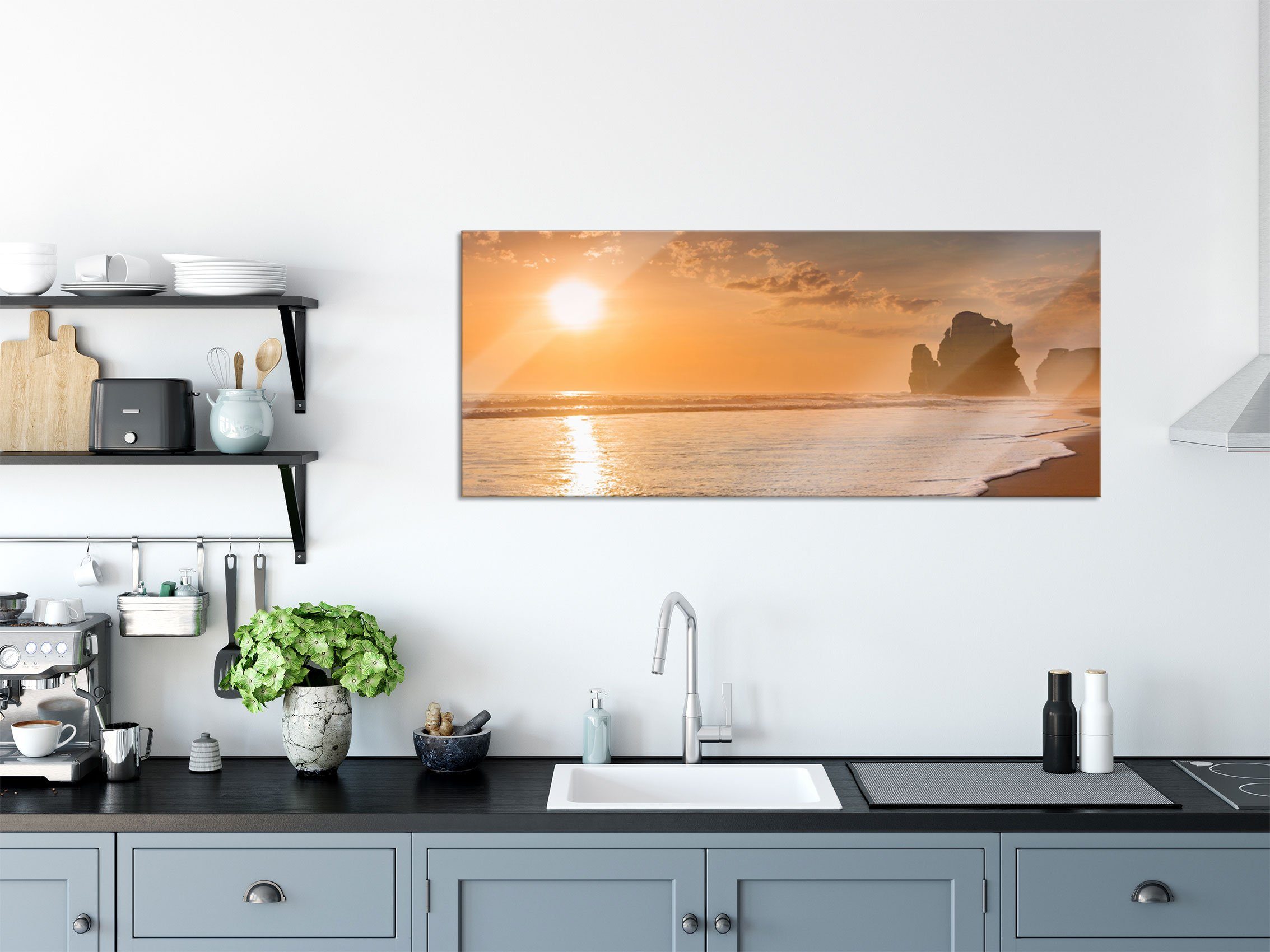 Glasbild und Sonnenuntergang (1 Echtglas, Sonnenuntergang Ozean Aufhängungen Ozean, St), Abstandshalter Pixxprint Glasbild inkl. aus