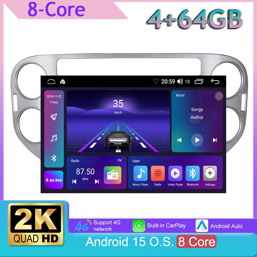 A-Sure Für VW Tiguan 5N & Golf Plus 2K Carplay Navi (Dreieckige Notleuchte) Autoradio (Digitalradio (DAB), Apple Carplay, FM, RDS, DSP, Siri, Mirrorlink, Google play, Netflix, Youtube, Calendar, TikTok)