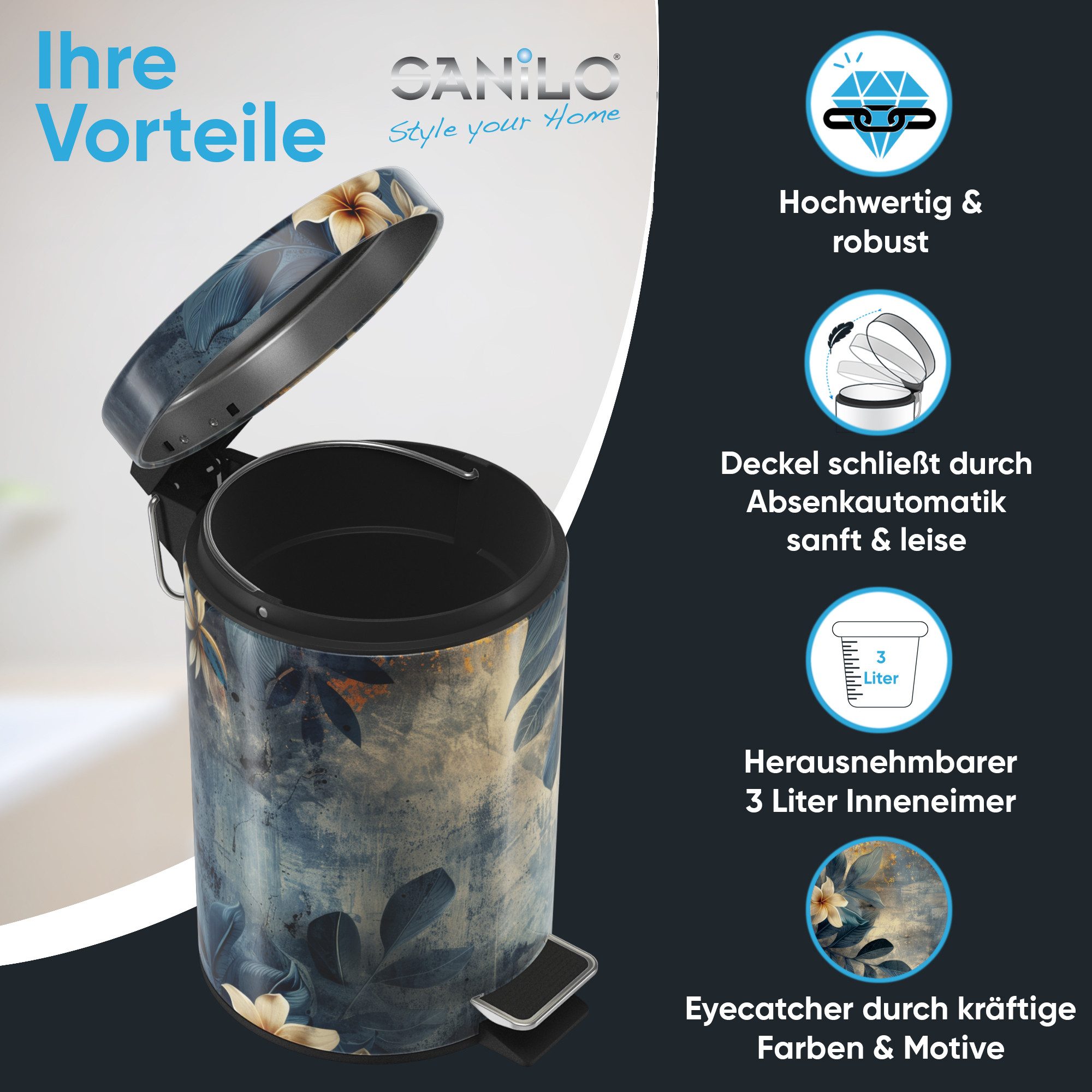 Sanilo Kosmetikeimer mit Motiv, viele schöne Bad Mülleimer zur Auswahl, 3 Liter, Abfalleimer mit Absenkautomatik & Innenbehälter