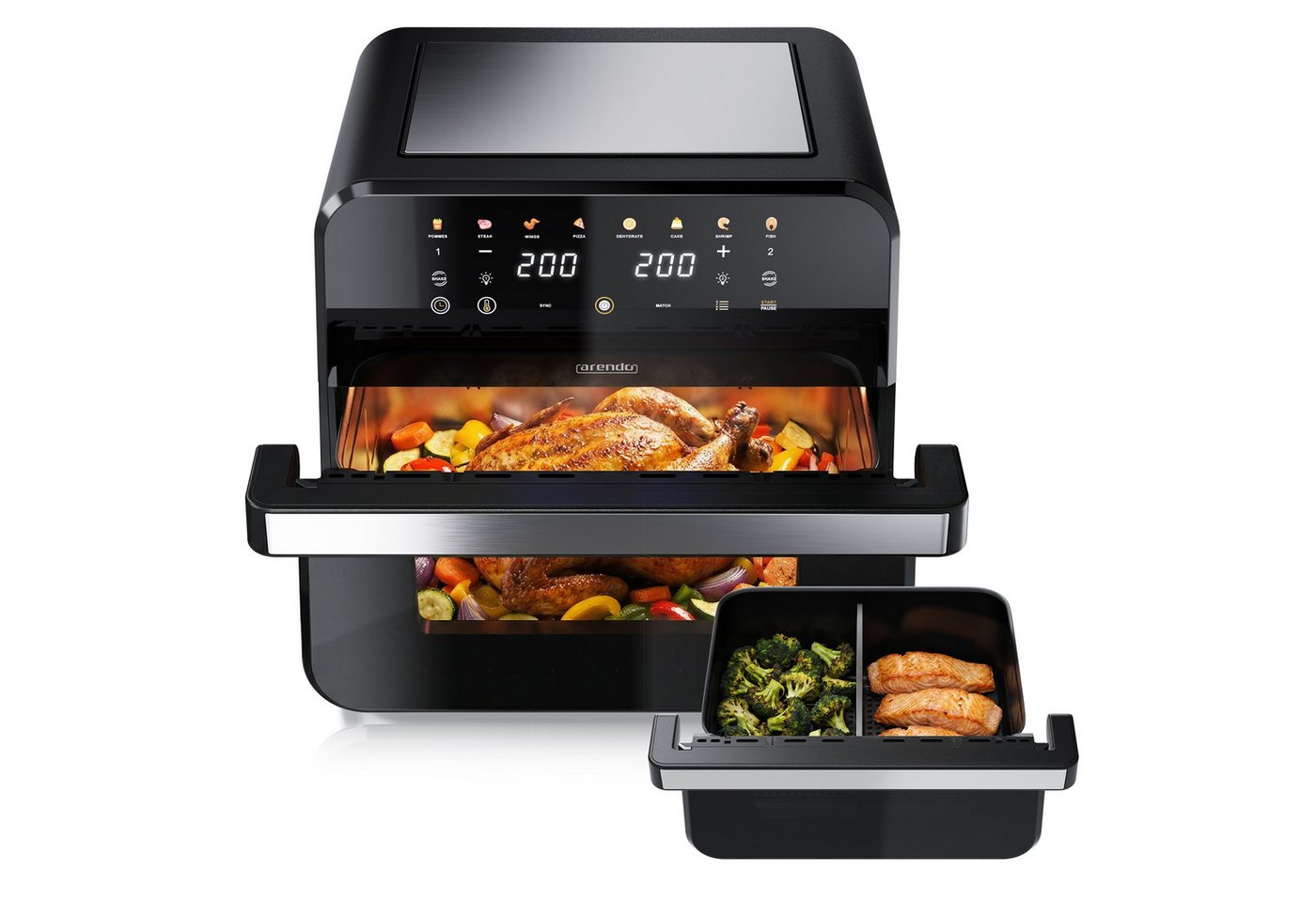 Arendo Heißluftfritteuse mit 2 Kammern Nebeneinander, XXL Doppelkammer Airfryer 12L, Dual Zone, 2600 W, mit Zubehör, Umluft Backofen, …
