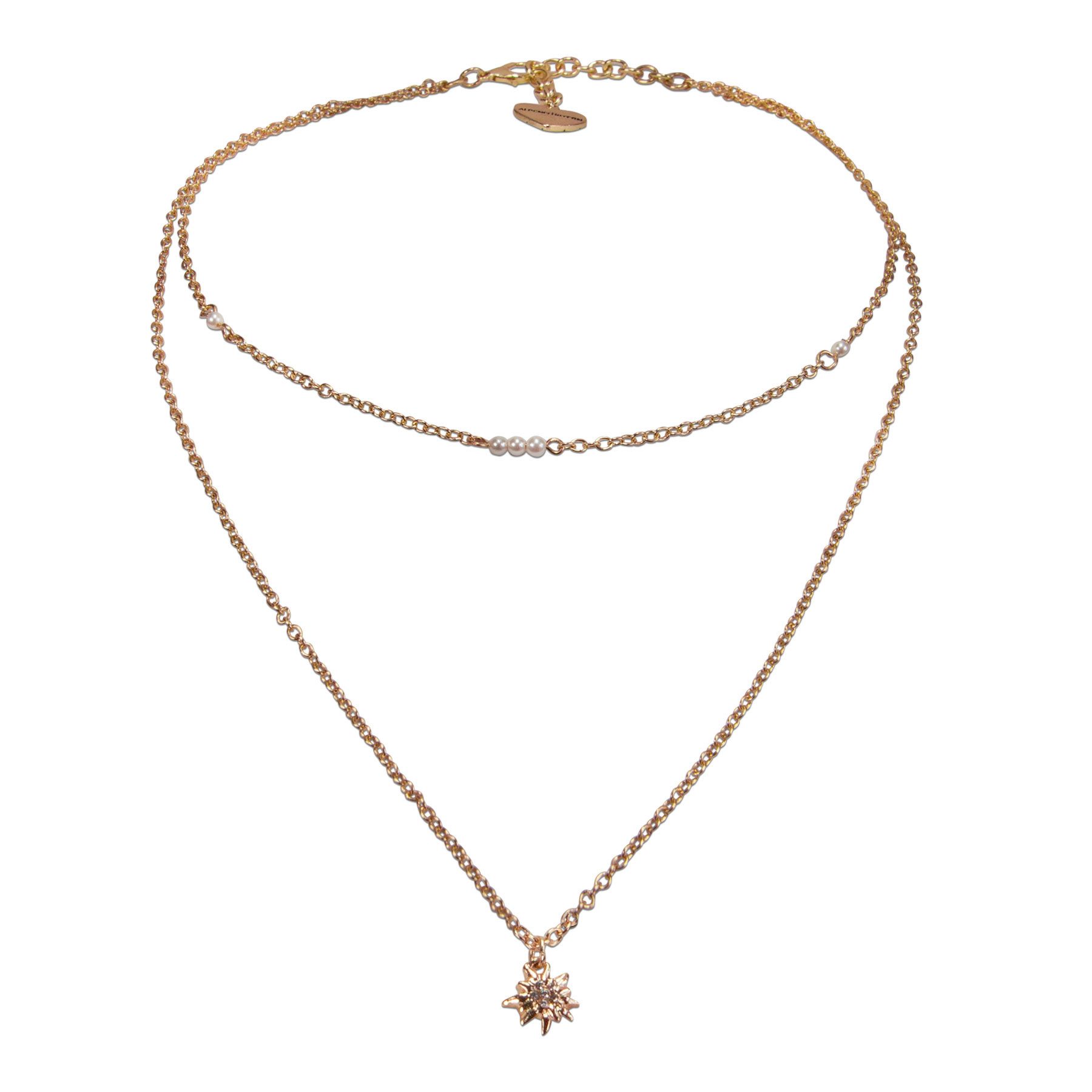 Alpenflüstern Collier Trachten-Metallhalskette Edelweiss zweireihig (gold-farben), - nostalgische Trachtenkette, eleganter Damen-Trachtenschmuck, Dirndlk
