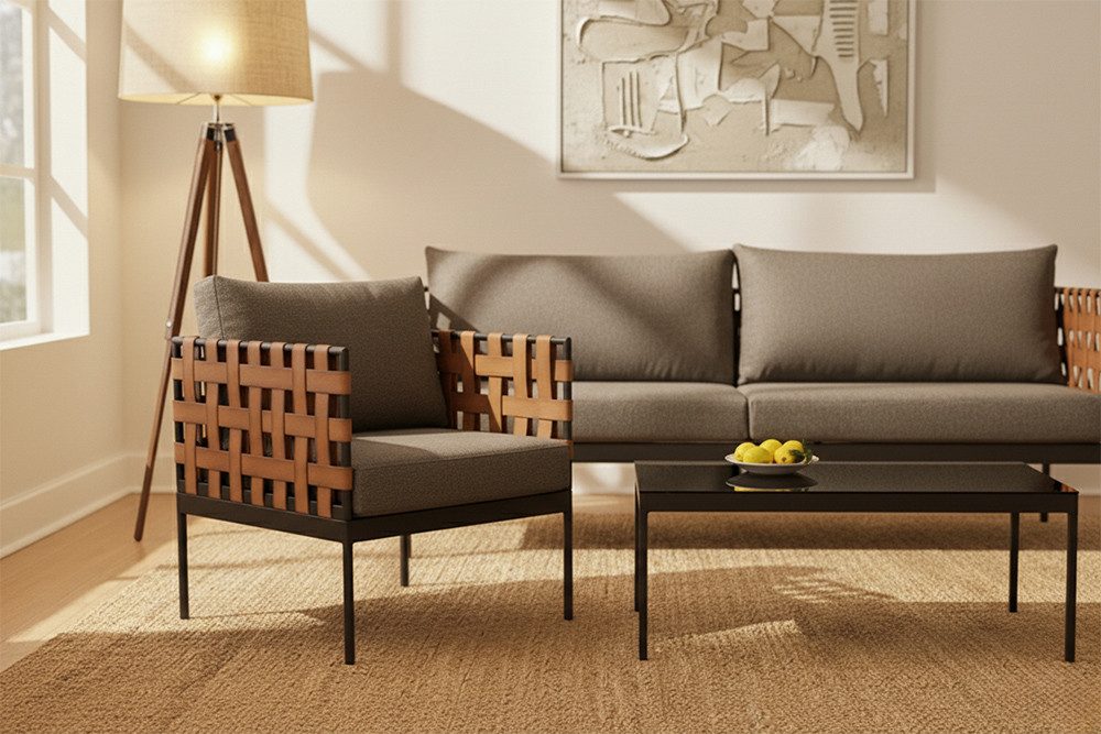 riess-ambiente Gartensessel UNIQUE 70cm schwarz / braun / grau · Gartensessel inkl. Kissen (Einzelartikel, 1-St), indoor & outdoor · Aluminium & Polyrattan Geflecht · waschbarer Bezug