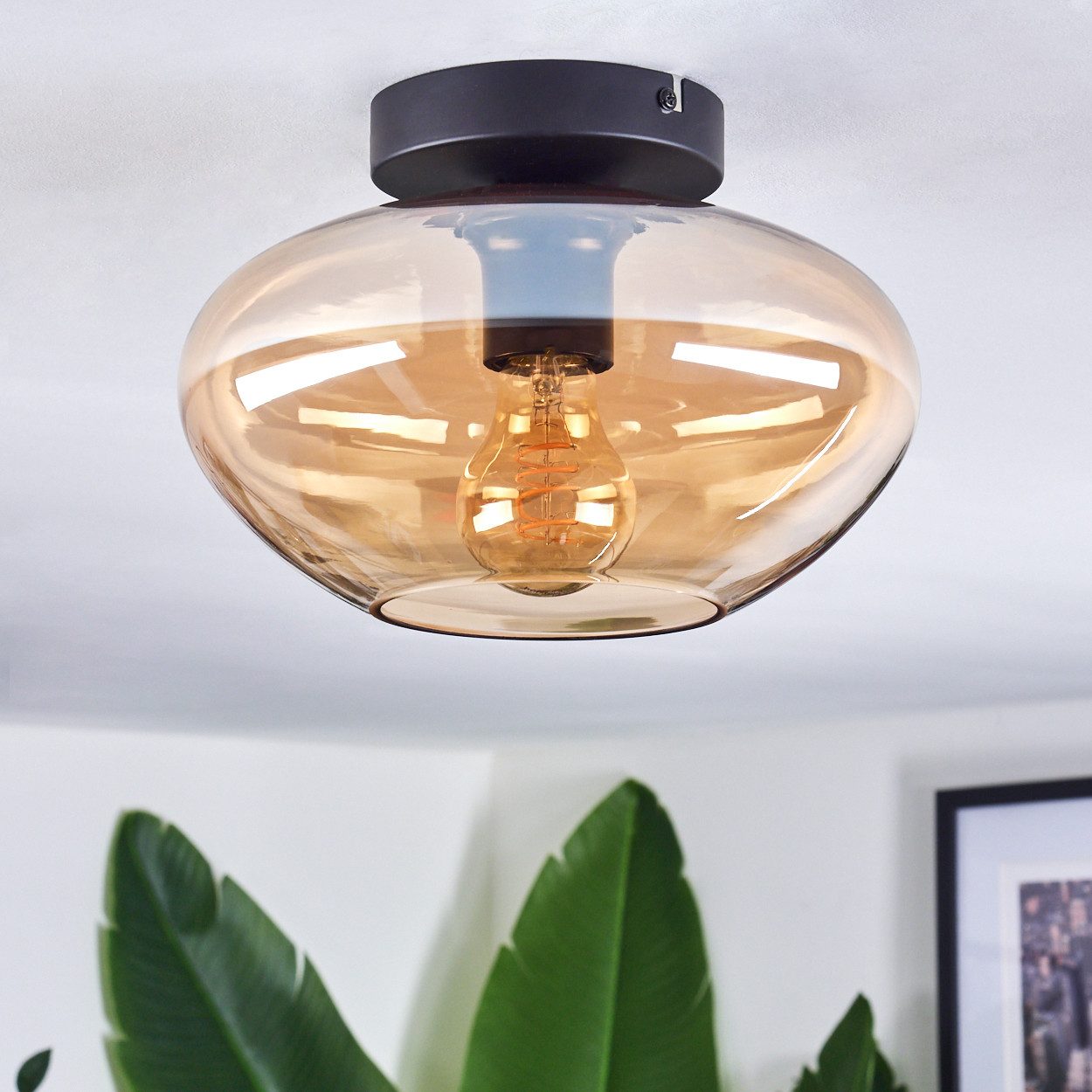 hofstein Deckenleuchte Deckenlampe aus Metall/Glas in Schwarz/Bernsteinfarben, ohne Leuchtmittel, moderne Retro/Vintage-Design Leuchte mit Glasschirm(25 cm), 1  – Bild 2 von 5