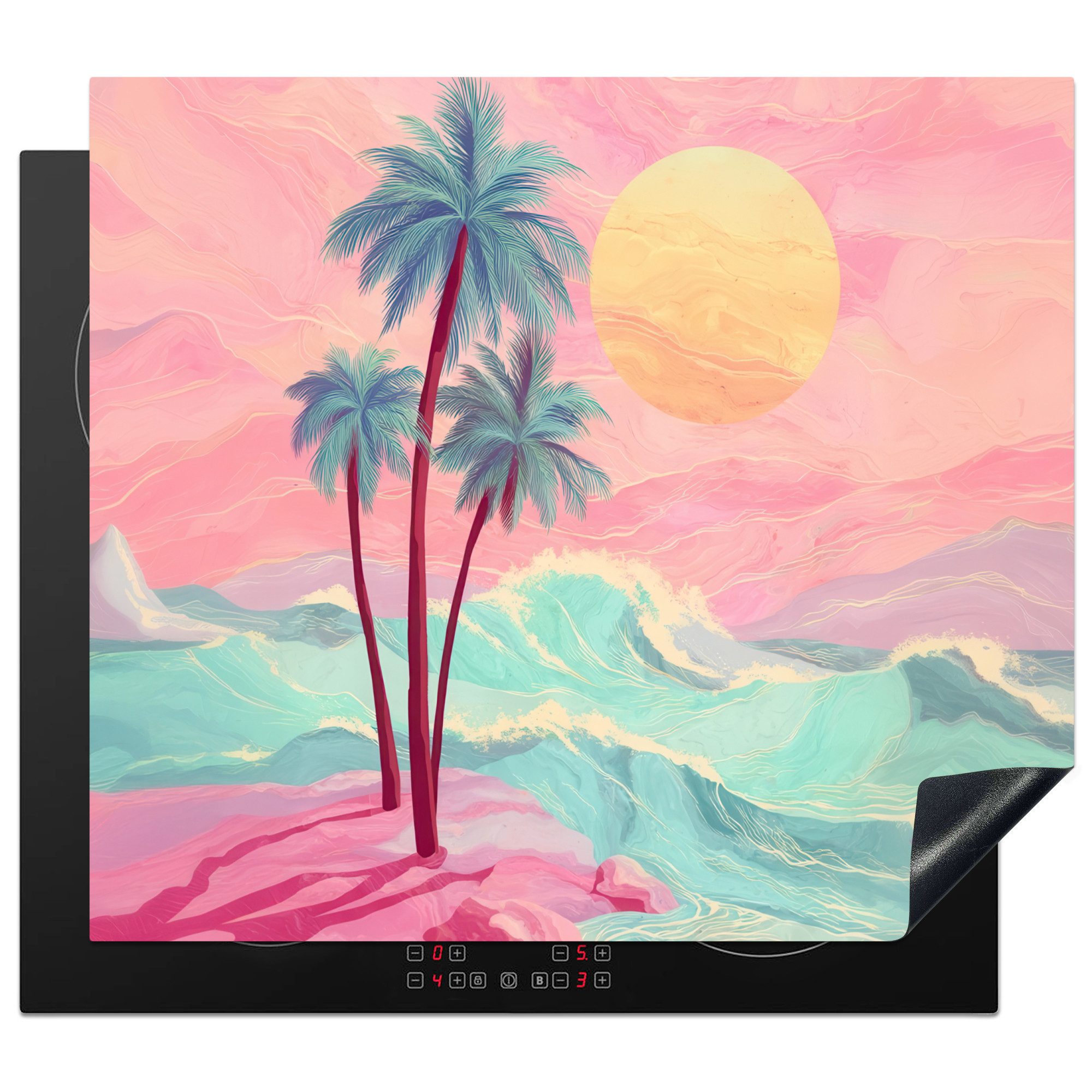 MuchoWow Herd-Abdeckplatte Palmen - Wellen - Meer, Vinyl, (1 tlg), Abdeckplatte für Ceranfeld, Herd Inductionsmatte, 57.6x51.6 cm