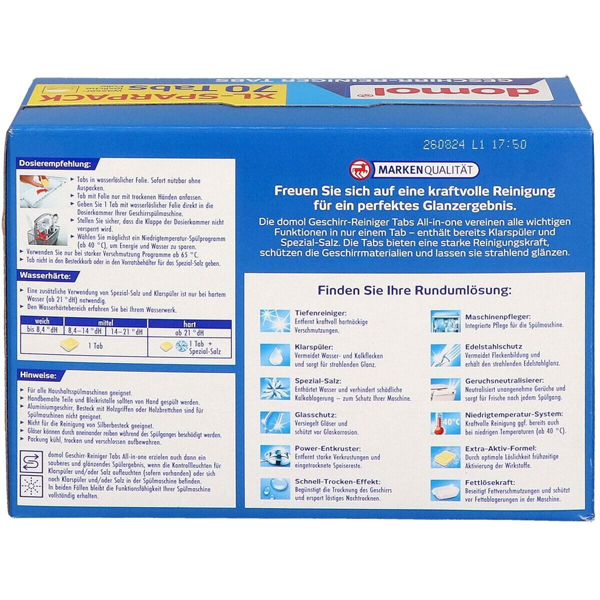 Domol All-In-One Spülmaschinentabs (70 Tabs in wasserlöslicher Folie)