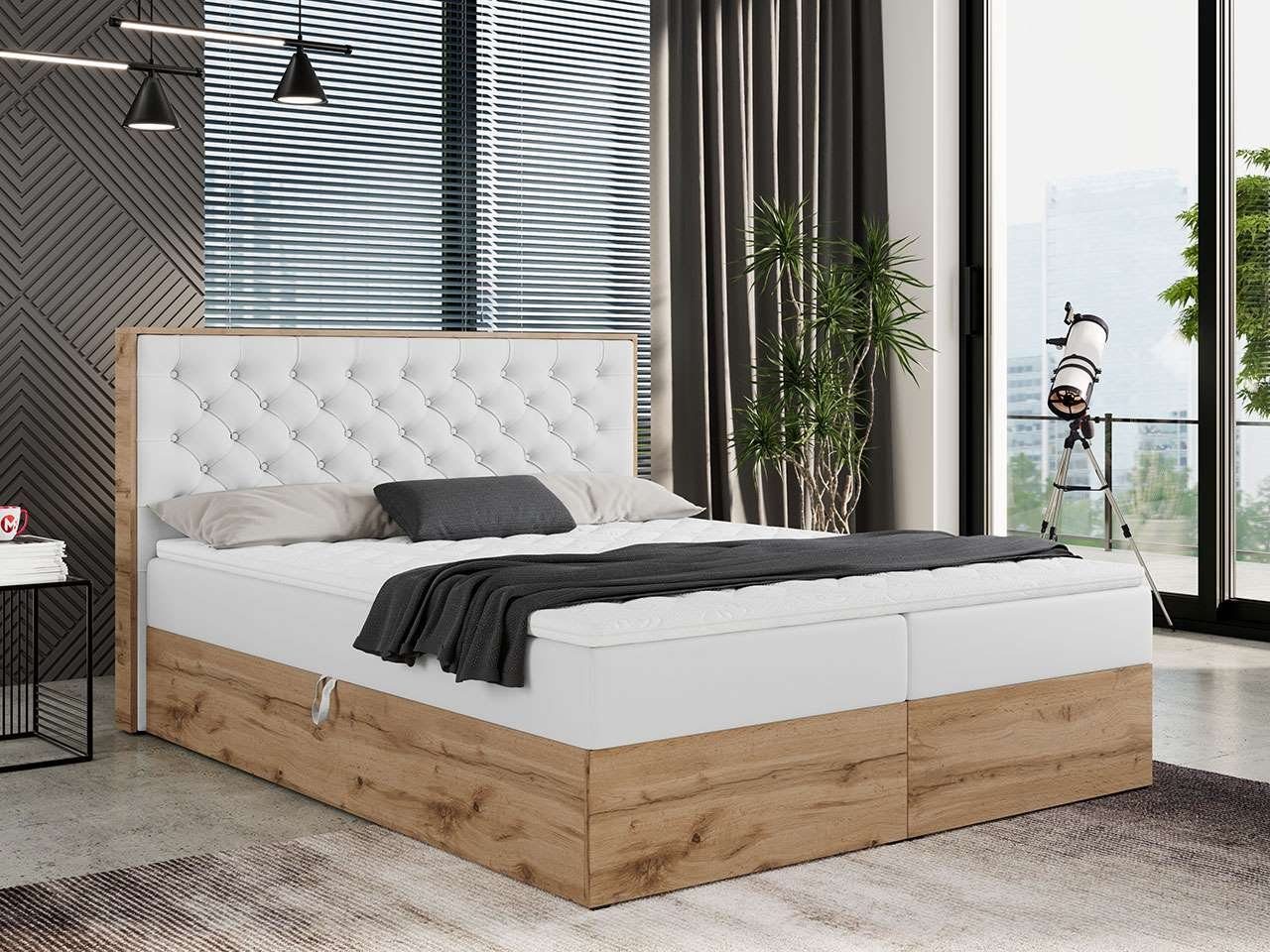 MKS MÖBEL Boxspringbett ALBERO 3, Multipocket-Matratze, Doppelbett, mit Eiche Holzrahmen, mit Kopfstütze