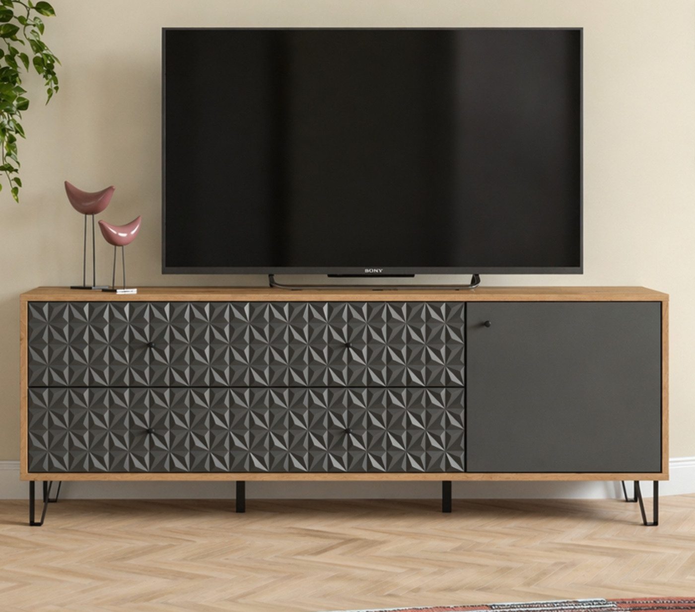 Furn.Design Lowboard Relief (Flat-TV Unterschrank in Grau und Eiche Artisan, 164 x 56 cm), mit Vollauszug