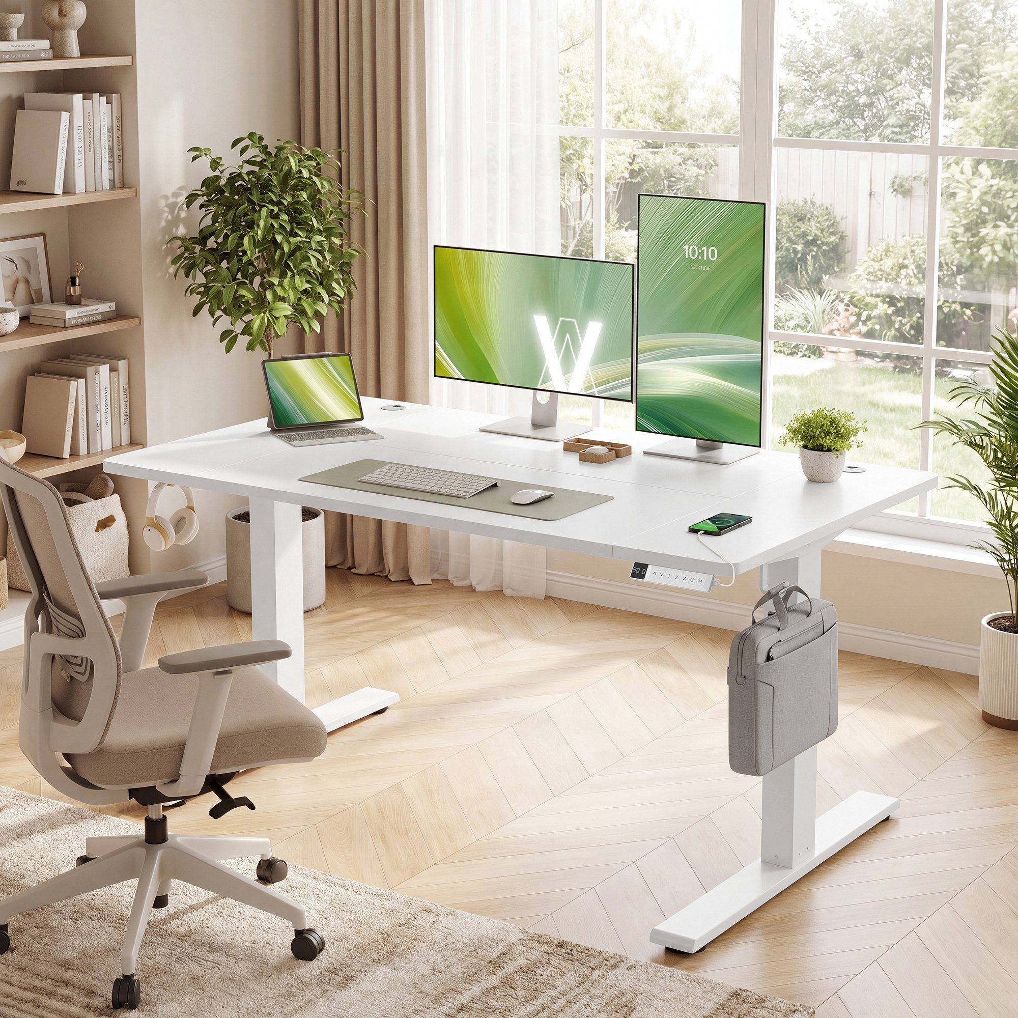VASAGLE Schreibtisch Höhenverstellbarer, USB-C-Anschluss, Erinnerung bei langem Sitzen, Ablage für Steckdosenleiste, 3 Speichertasten, 120/140/160/180cm