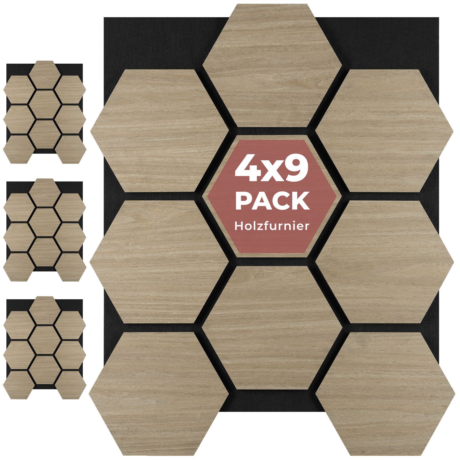 tectake Wandpaneel Akustikpaneele aus MDF und Echtholzfurnier, je 76 x 62 x 1,8 cm, BxL: 62x76 cm, 0.47 qm, (Schallschutzplatten mit Wabenmuster Sonic Shield, 4-tlg., Holzoptik in Eiche dunkel) schallabsorbierender Filz, einfache Montage mit Kleber oder Schrauben