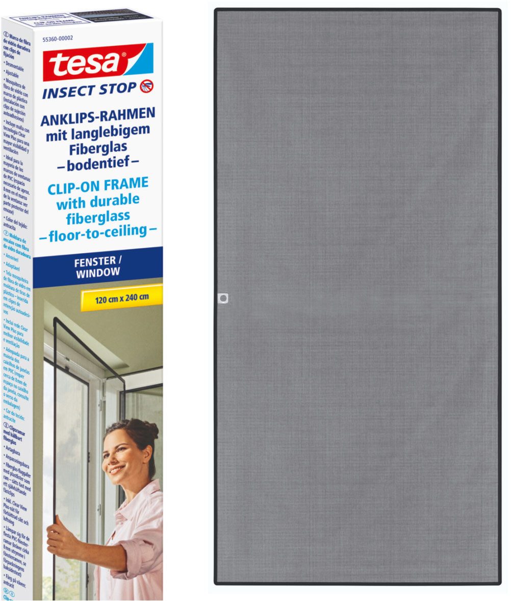 tesa Insektenschutz-Fensterrahmen Insect Stop Anklipsrahmen - Fliegengitter für Fenster, (Packung, 1-St., inkl. Fiberglas-Netz in Anthrazit, Rahmen und Halteklip-Lösung), Selbstklebende Halteklips, zuschneidbarer Rahmen, ohne Bohren