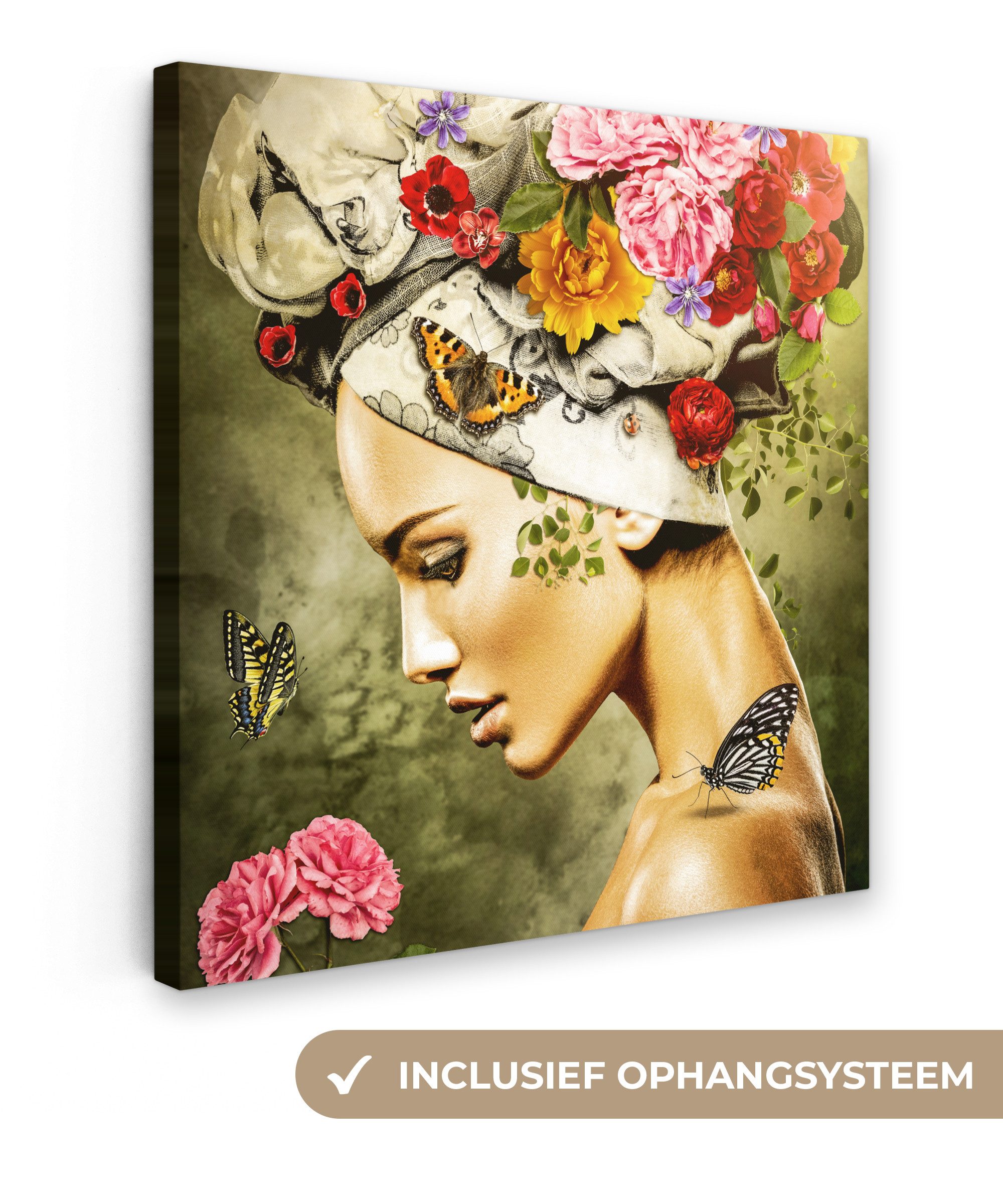 OneMillionCanvasses® Leinwandbild Frau - Blumen - Farben - Schmetterlinge - Rosen - Kopftuch, Fotodruck (1 St), Wandbild, Deko Schlafzimmer Wohnzimmer Flur 20x20 cm