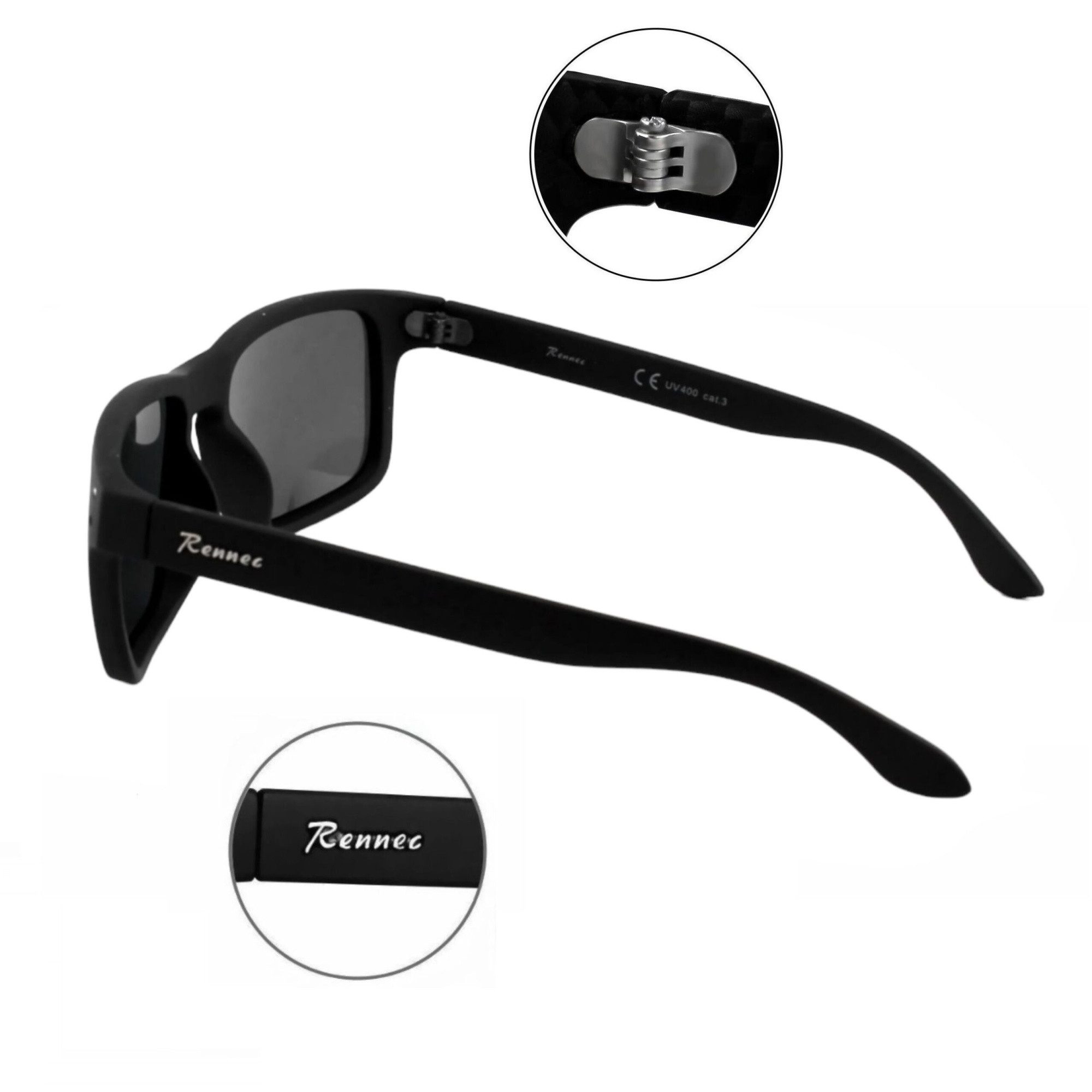 Rennec Sonnenbrille (Herren Markenbrille mit Brillenbeutel) Gläser Polarisiert Türkis Verspiegelt 3in2 Bügelgelenke