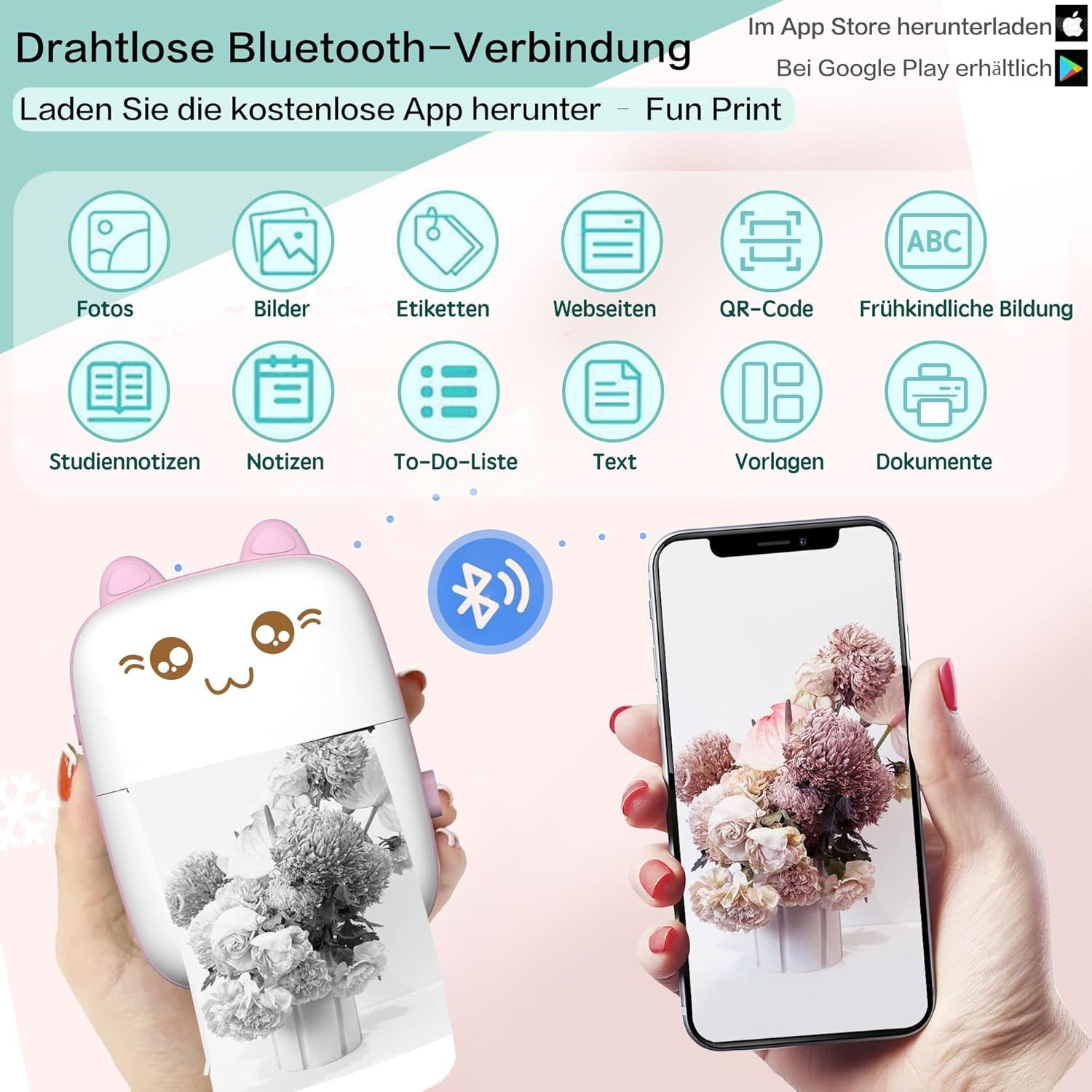 wohnTRAUM24 Thermo-Etikettendrucker mit USB-Aufladung, Bluetooth-Fotodrucker Etikettendrucker, (Bluetooth-Verbindung,1200-mAh-Akku, kabellos, kompatibel mit Android oder iOS, mit 1 Rolle Thermopapier)