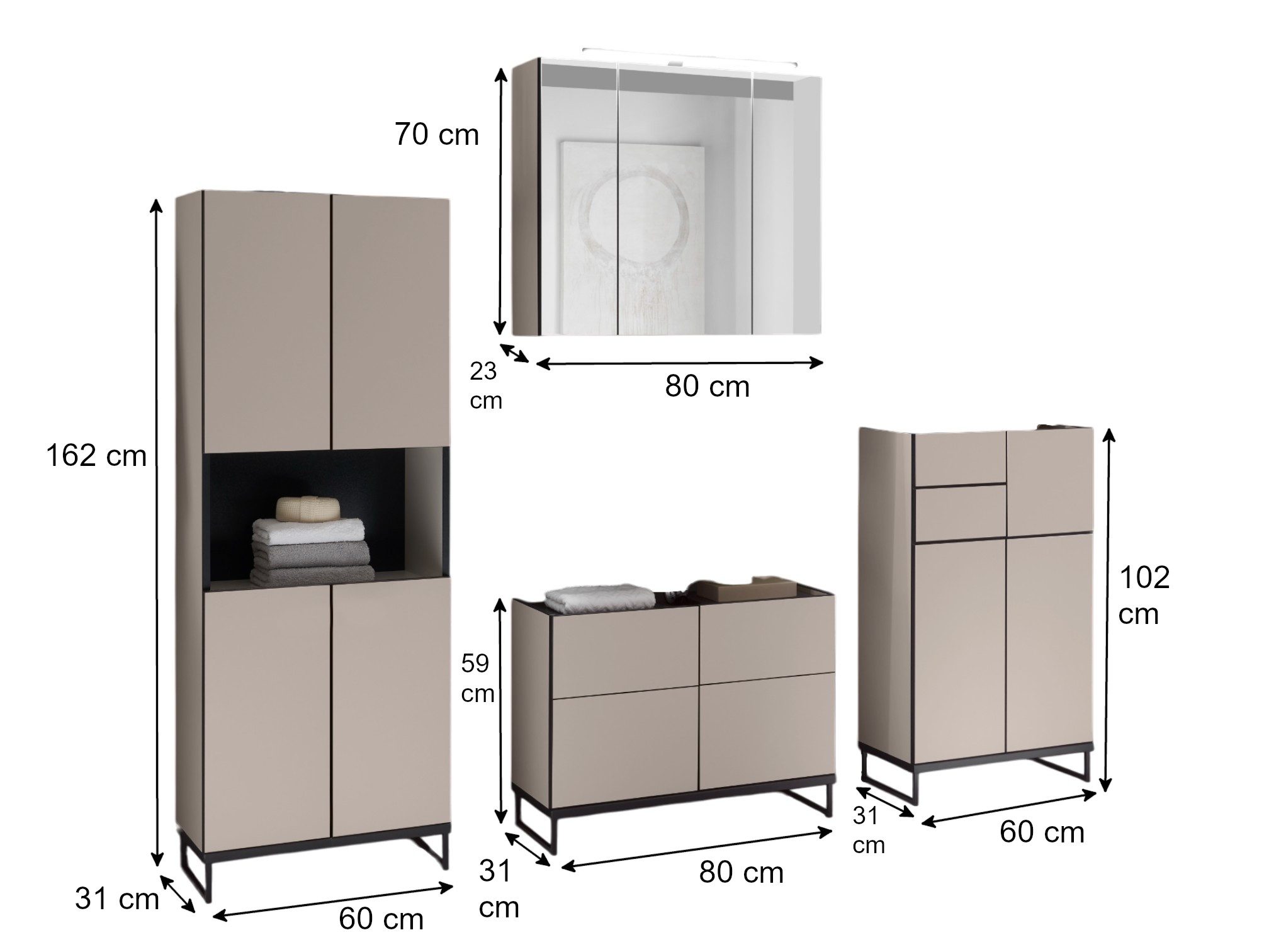 moebel-dich-auf Badmöbel-Set VENEZIA, (inklusive LED-Beleuchtung, kaschmir Spiegelschrank WBU optional mit Hoch-/Highboard), Metall Füße