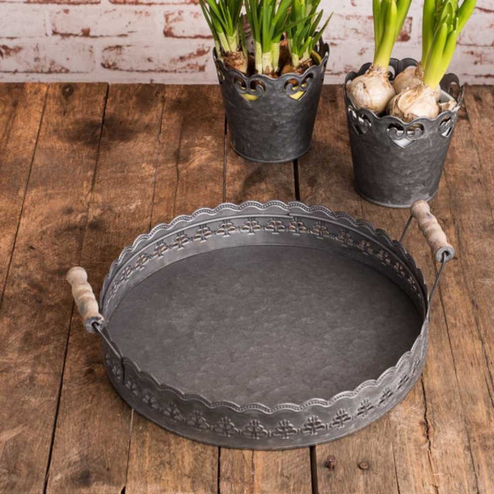 AltoBelli Dekotablett AltoBelli Deko Tablett FELINI Rund Klein Zink mit Holzgriffen 30 cm