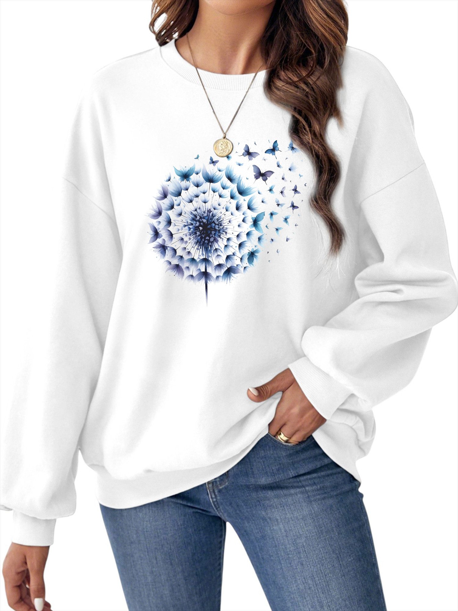 PYLIKE Rundhalspullover Damen Casual Sweatshirts mit Löwenzahn Druck,Lose Pullover Top Bequem für Herbst & Winter