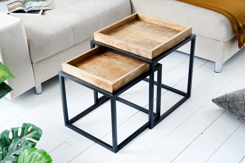 riess-ambiente Beistelltisch SERVITEUR 45cm natur / schwarz (Set, 2-St., 2x Beistelltisch), Wohnzimmer · Mango-Massivholz · Metall · lackiert · Industrial Design