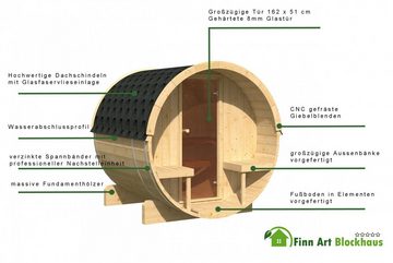 Finn Art Blockhaus Fasssauna Alvi 3, 42 mm, Schindeln schwarz, Outdoor Gartensauna, ohne Ofen, montiert