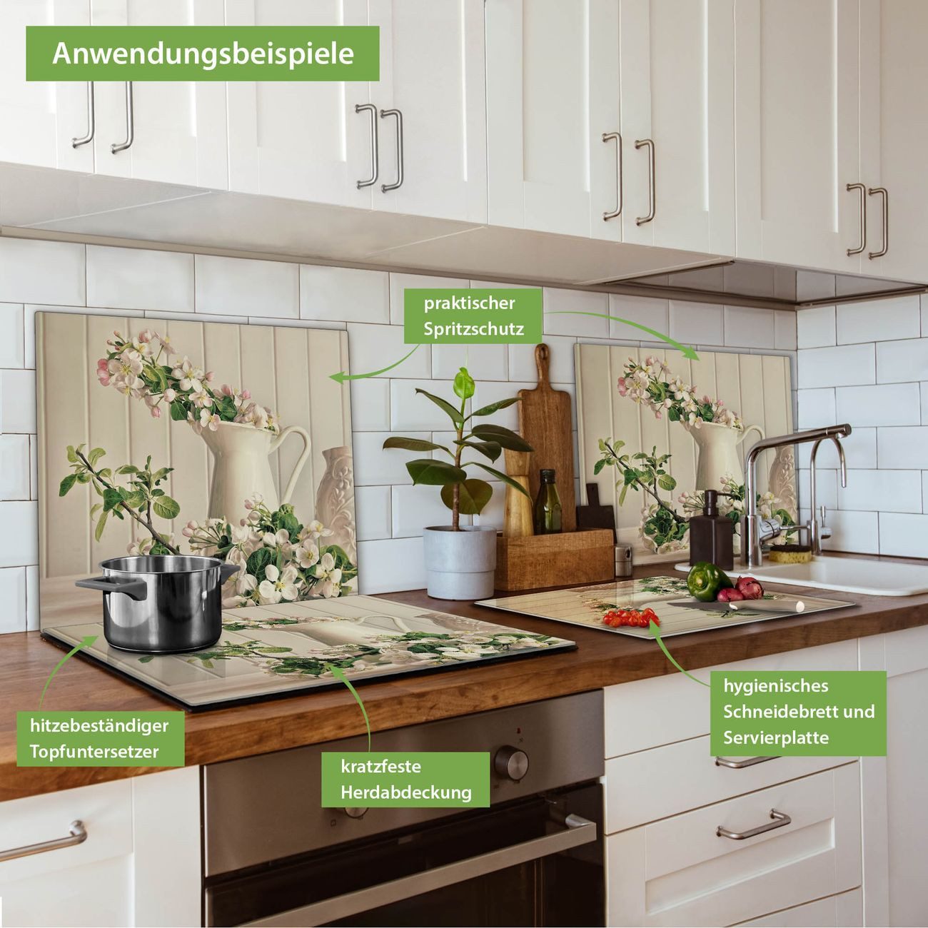 banjado Herd-Abdeckplatte einteilig aus Glas mit Motiv Stillleben Kirschblüten, (gehärtet, 1 tlg., inkl. selbstklebende Gummifüßchen)