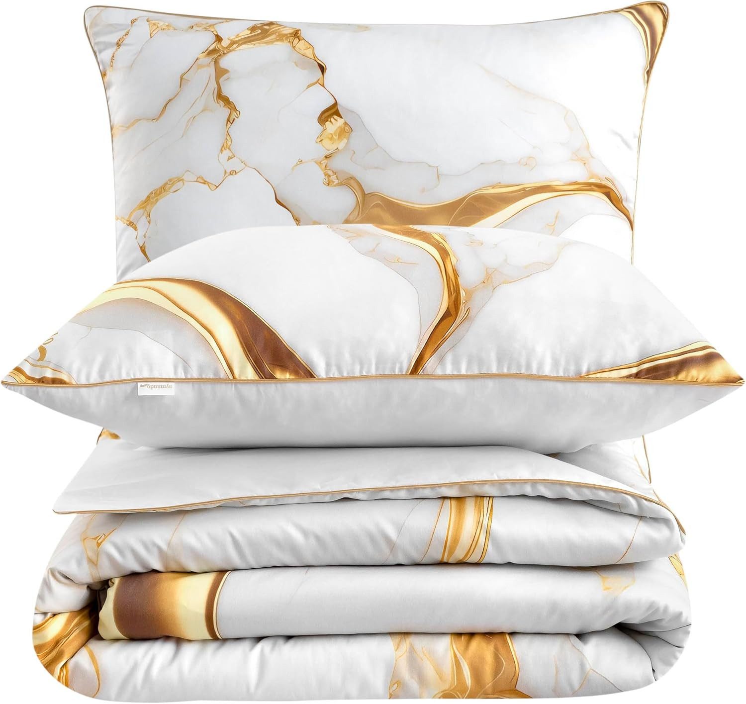 Aymando Постільна білизна Marble White-Gold, 100% Baumwolle Mako Satin, 3 teilig, Saum und Reißverschluss goldfarben, Geschenkverpackung