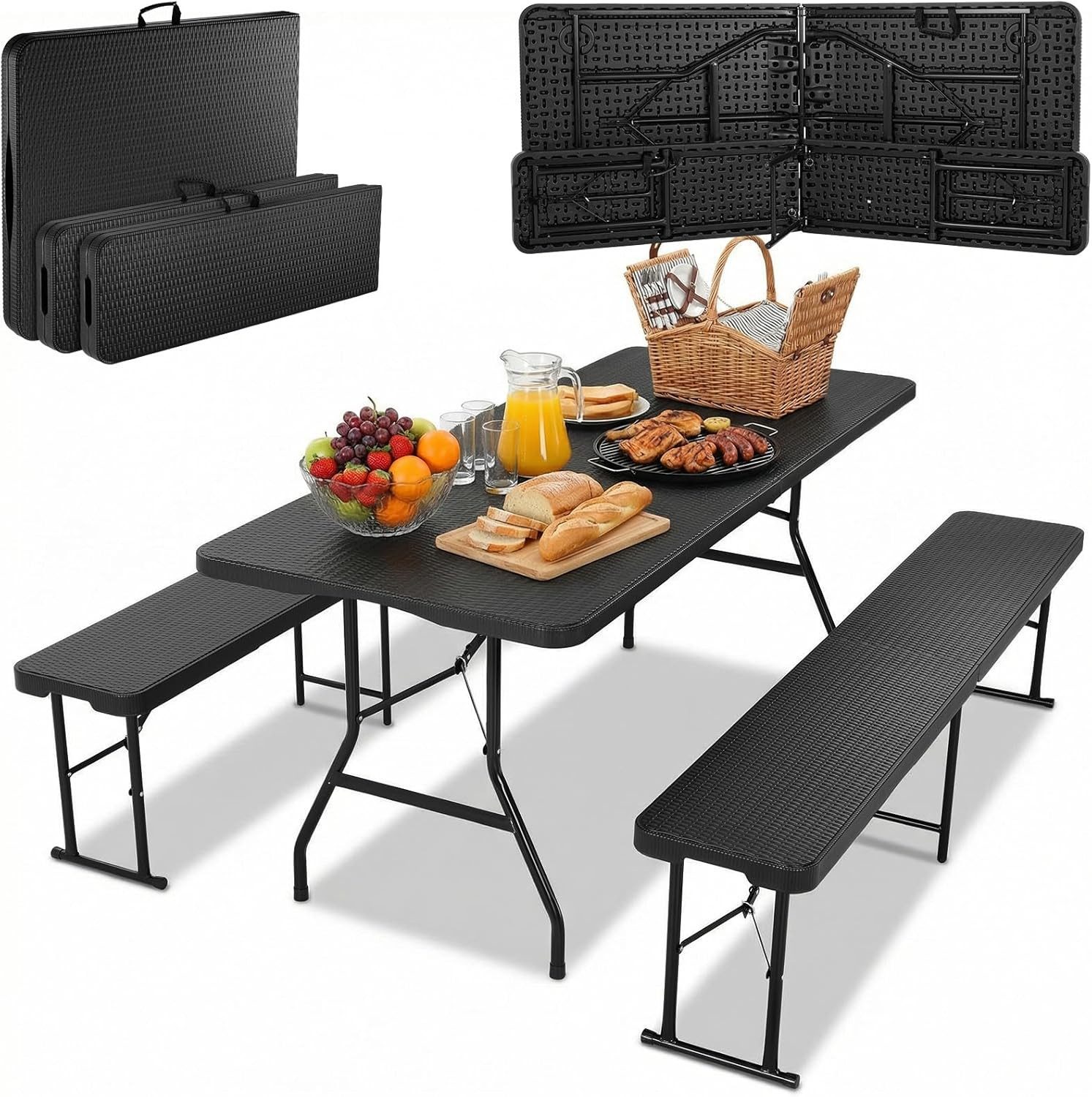 TLGREEN Bierzeltgarnitur Klappbar 3-teilig, 1 Biertisch + 2 Bierbank, (Wetterfest Gartenmöbel Set mit Tragegriff, HDPE+Stahlrohr Campingtisch Outdoor), für Grillveranstaltung/Camping/Gartenparty (Bis zu 10 Personen)