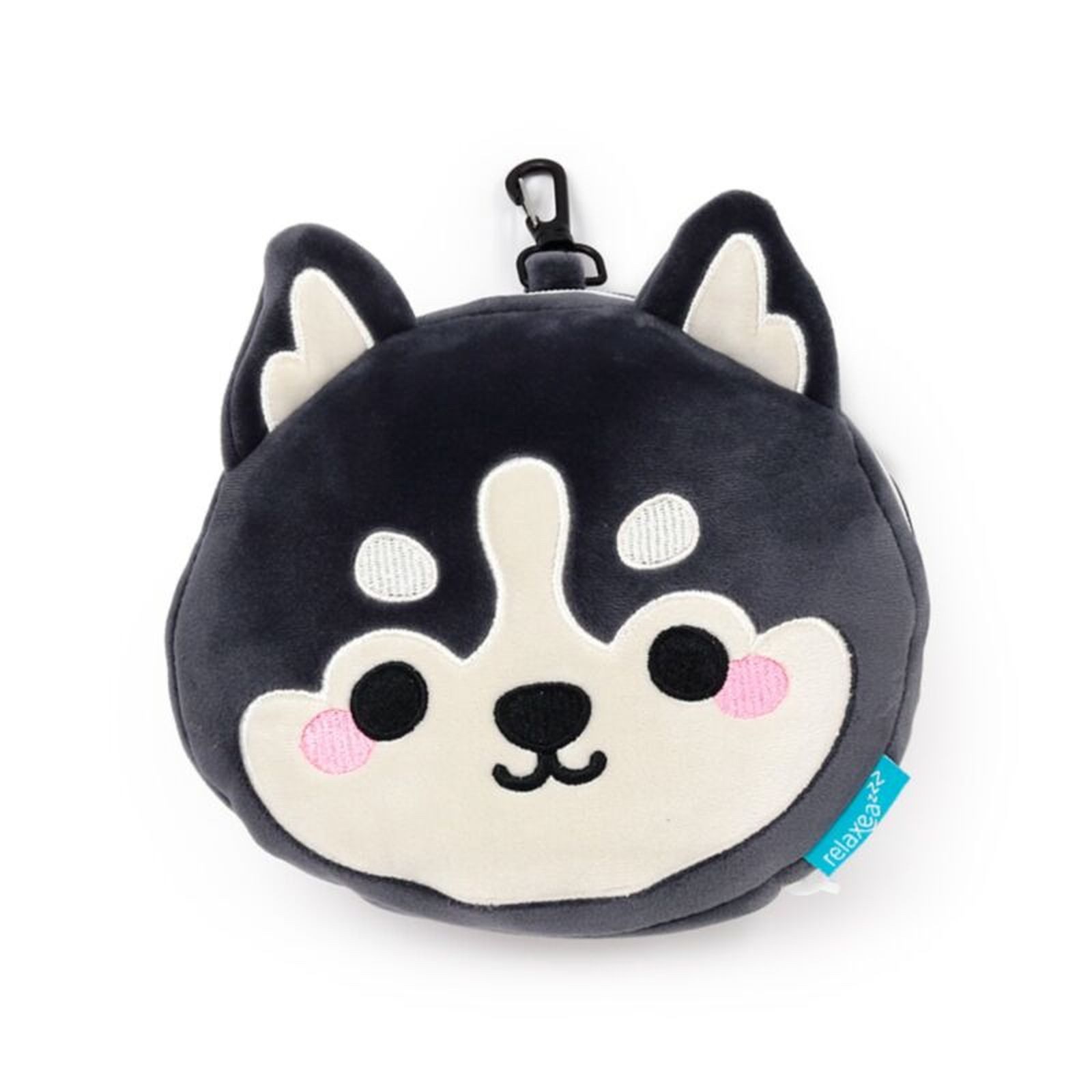 Puckator Reisekissen Relaxeazzz „Luna the Husky“, 2-in-1 Plüsch-Reisekissen mit integrierter Schlafmaske