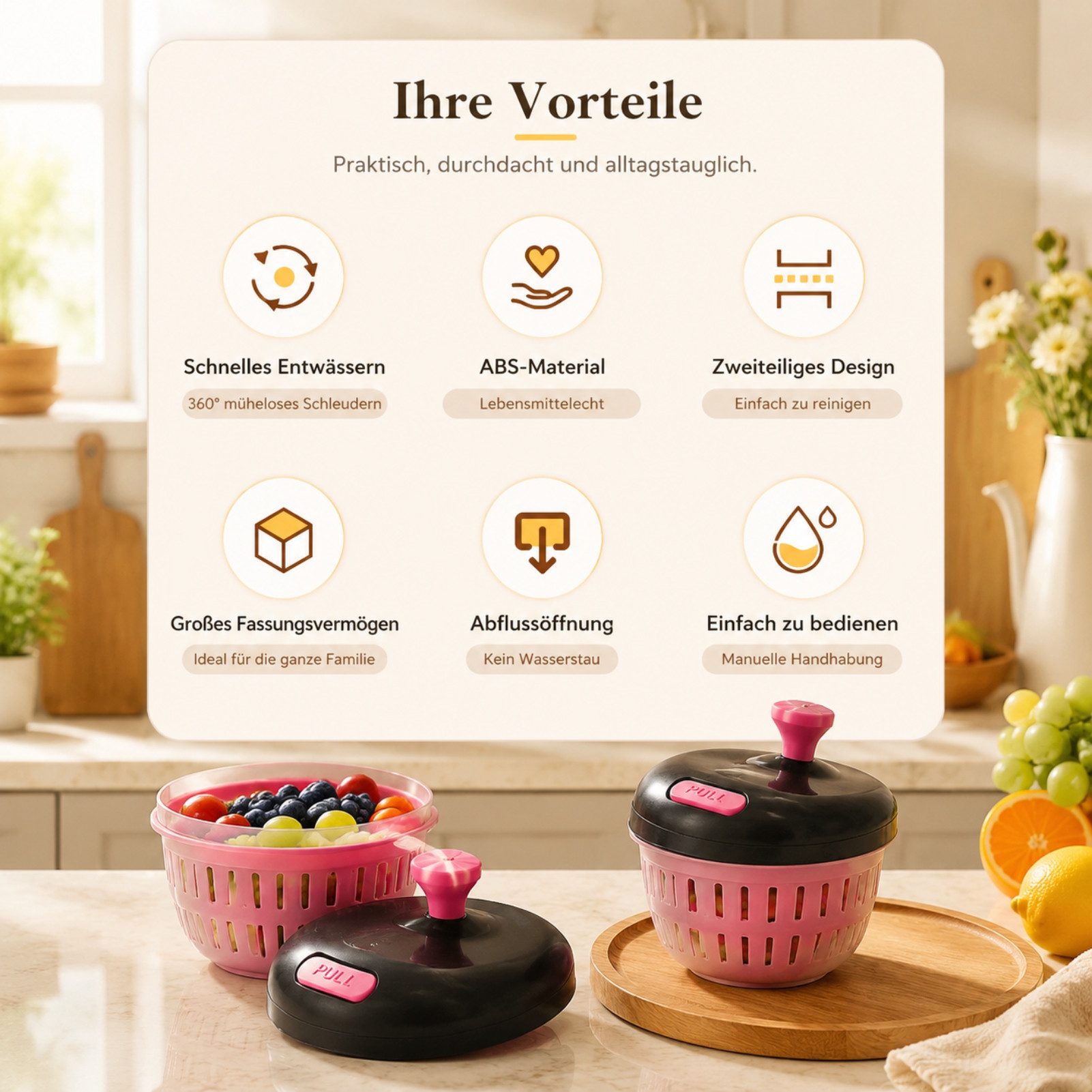 Jumpeak Salatschleuder handbetätigt,Abtropfen lassen,schnelltrocknend,Entwässerungsgerät, (Set, 1×Abtropfkorb, 1×Außenbehälter, 1×Deckel), Obst Und Gemüse Waschen,Schleudern,geruchsneutral,geruchsneutral