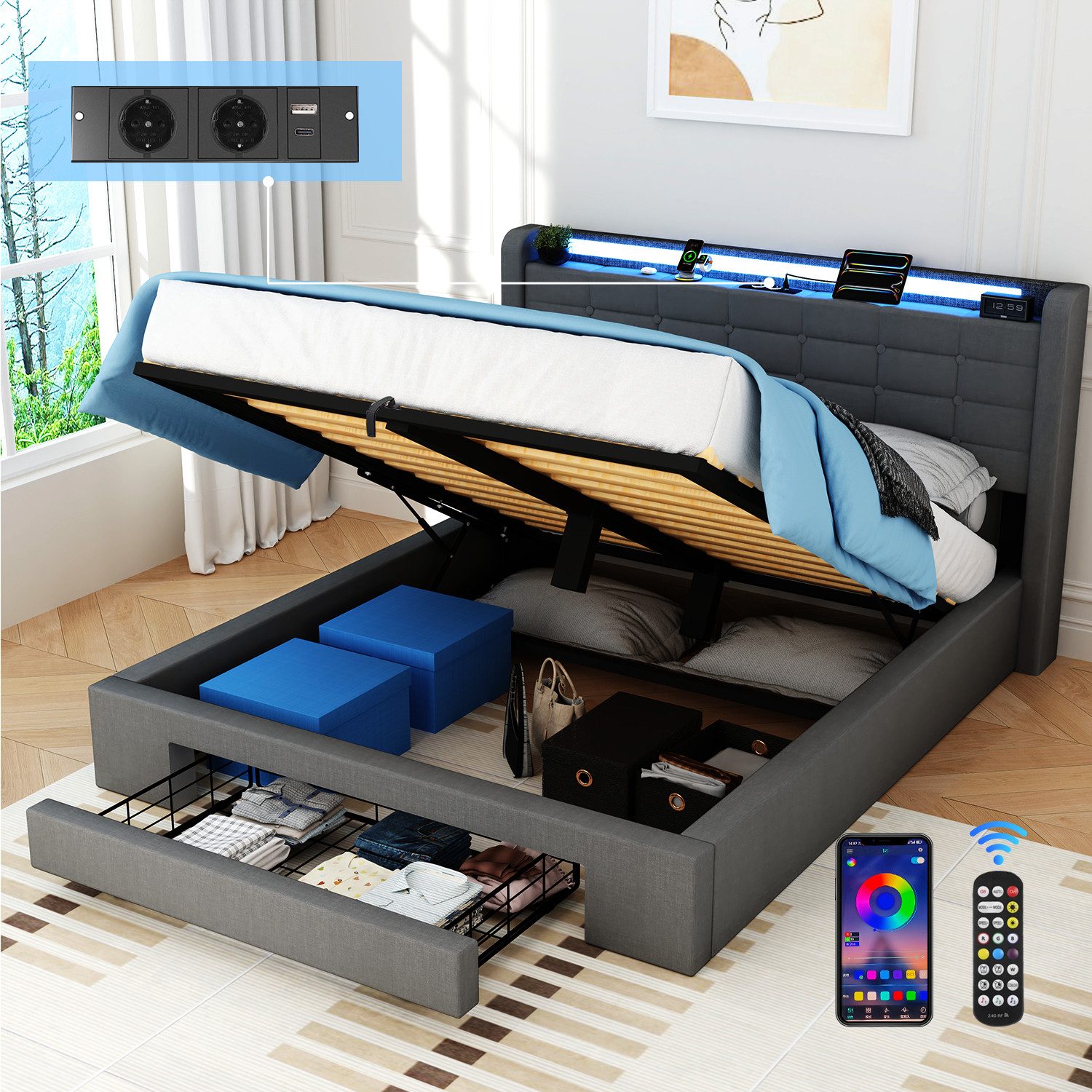 oyajia Stauraumbett LED Hydraulisches Doppelbett 140x200cm mit Ladefunktion günstig online kaufen