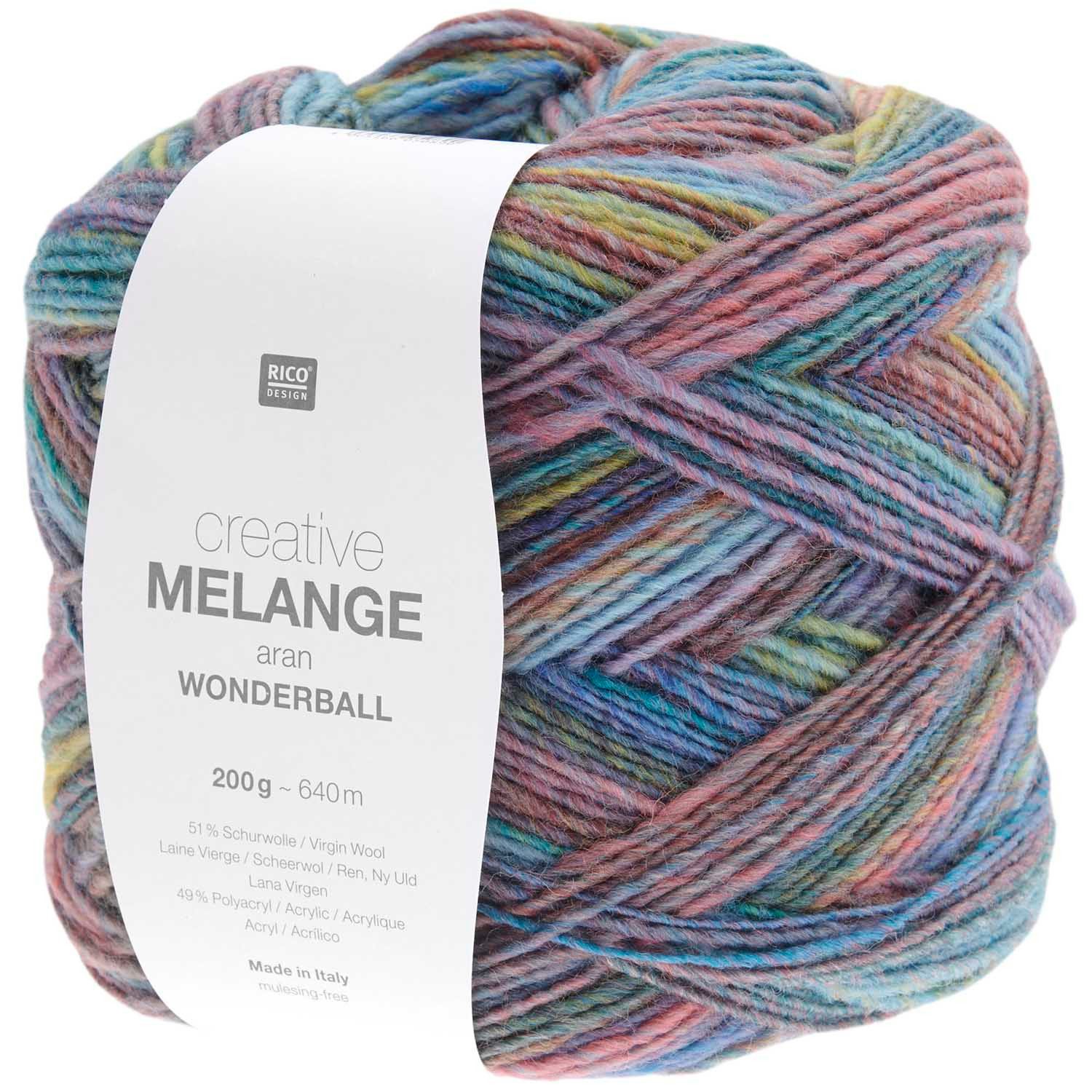 Rico Design Creative Melange Aran Wonderball Häkelwolle, 640,00 m (Wolle mit Farbverlauf zum stricken oder häkeln, Strickgarn Handstrickgarn Strickwolle, 200g), dicke Farbverlaufswolle