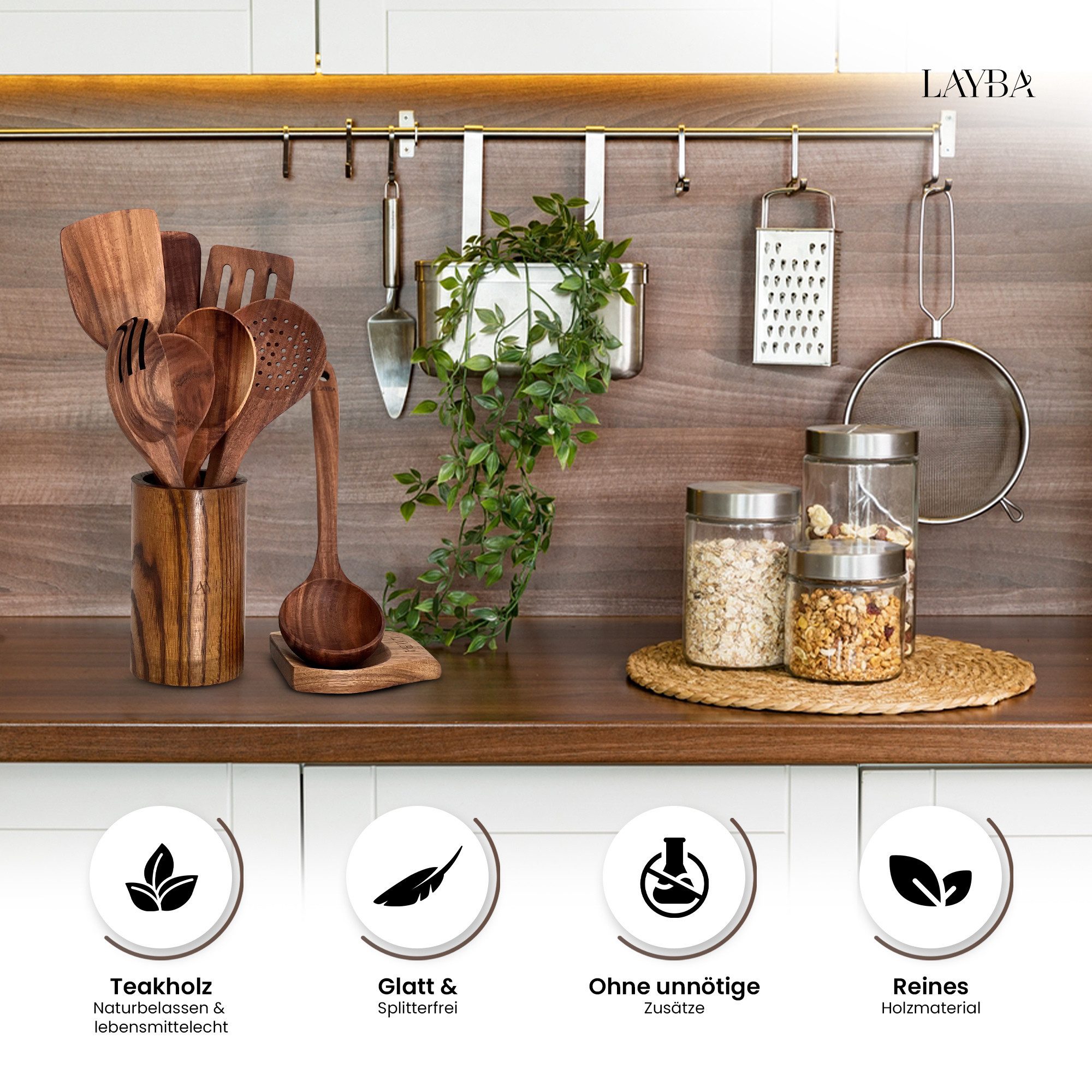 Layba Kochbesteck-Set LAYBA Teakholz-Küchenutensilien-Set 10-teilig mit Behälter und Ablage – Bild 4 von 5