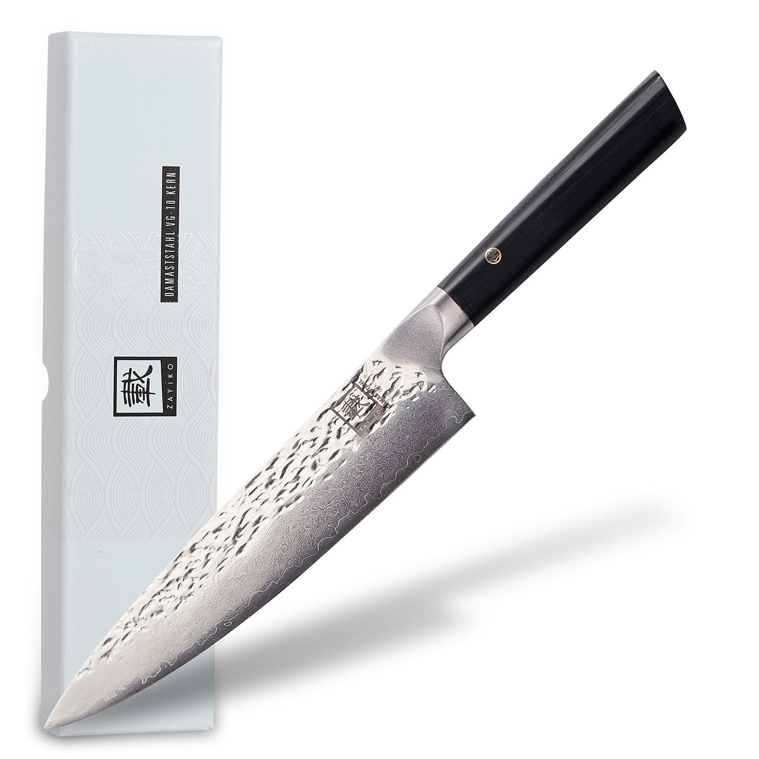 ZAYIKO Universalküchenmesser KURO Damast Chefmesser Küchenmesser 20cm Klinge mit Hammerschlag, Damaststahl, VG10-Kern, Hammerschlag