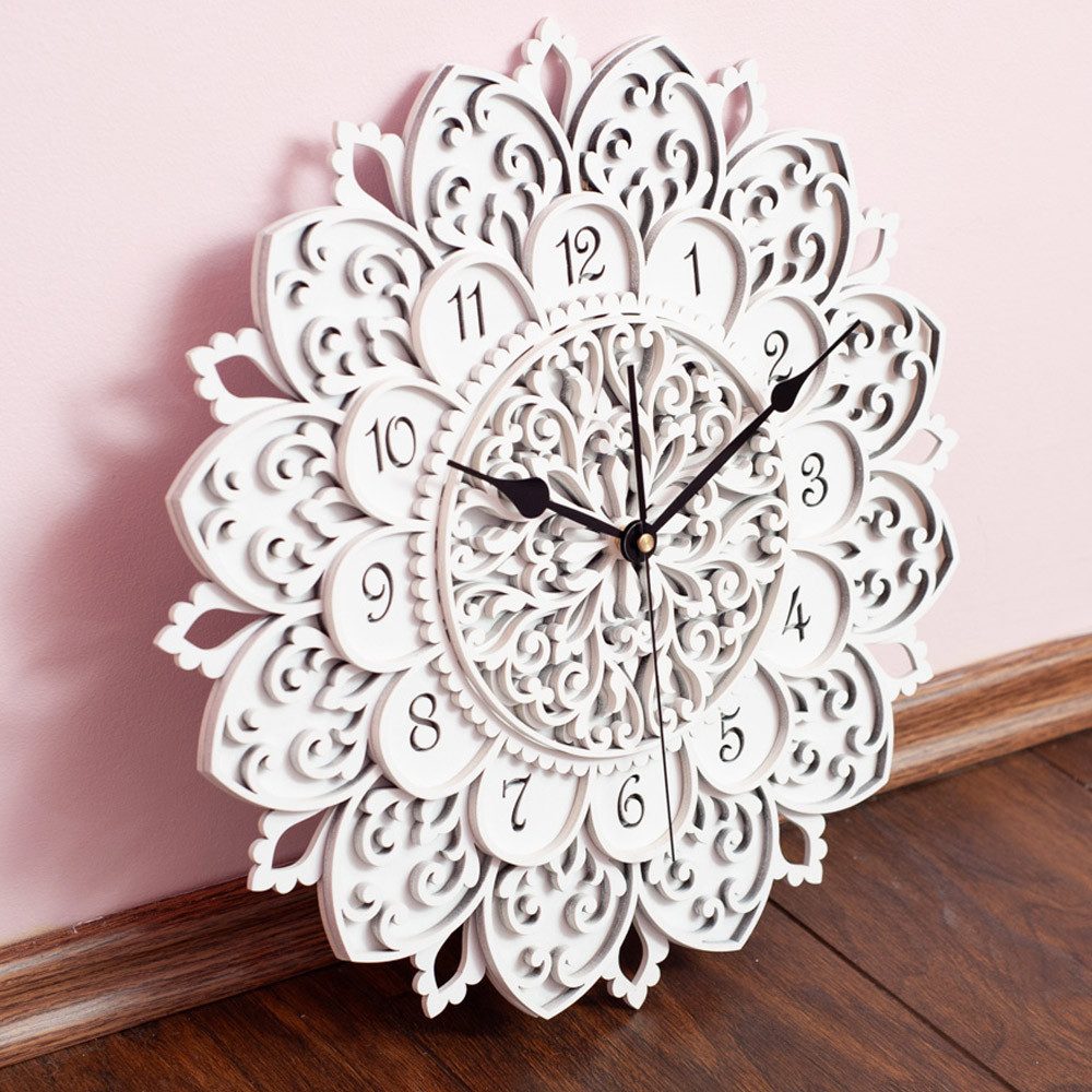 ORNAMENTI Wanduhr Boho, große, blumen Wanduhr aus holz, 4 Schichten, ohne Tickgeräusche (VINTAGE, HANDMADE, Hingucker Wanddeko, Holzdeko, 3 Größen)