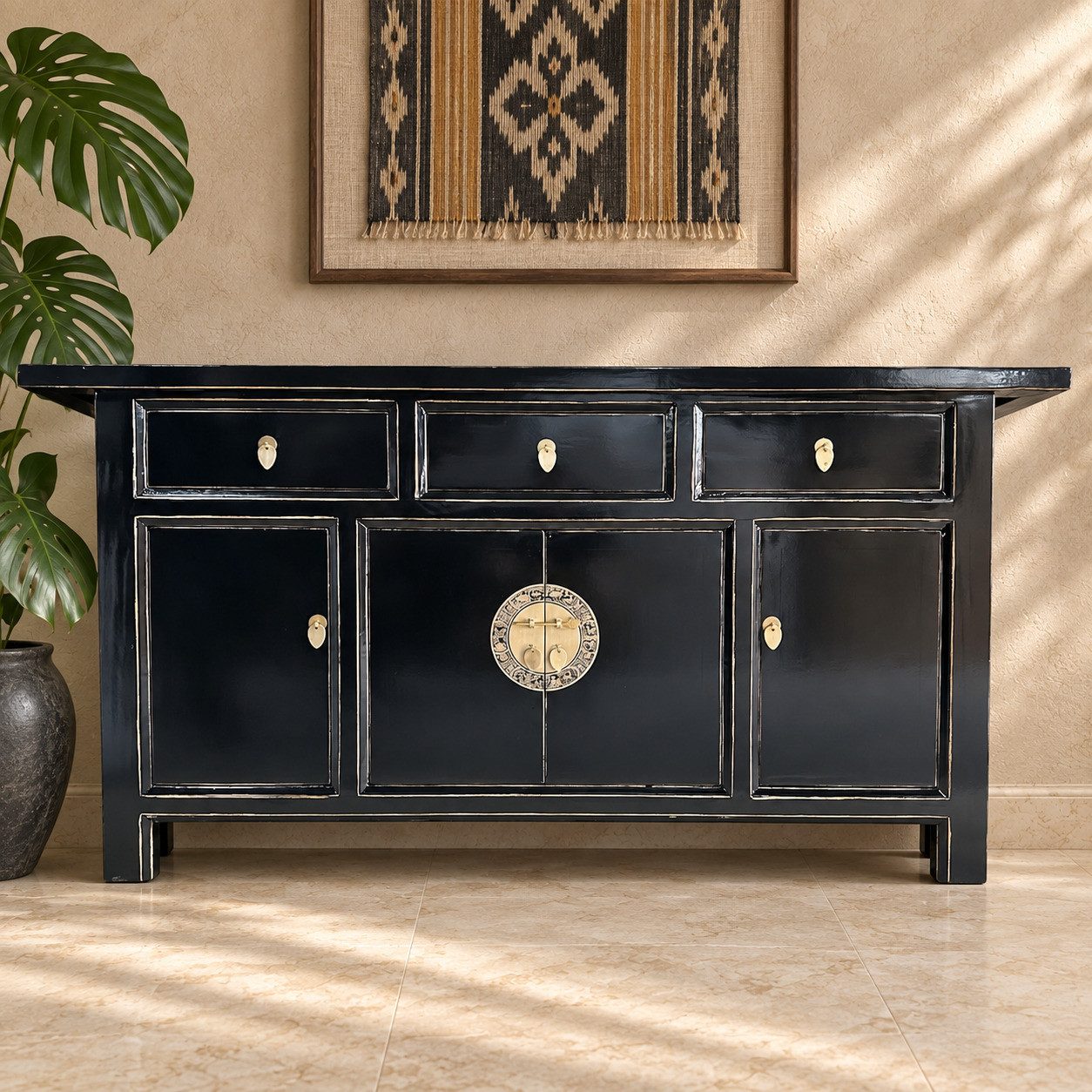 OPIUM OUTLET Sideboard Kommode Schrank Asia Möbel komplett montiert (asiatisch chinesisch orientalisch, aus Holz, Schrank Hochzeitsschrank Anrichte Büffet Vitrine), B x T x H: 170 x 45 x 85 cm, dezenter Vintage-Stil