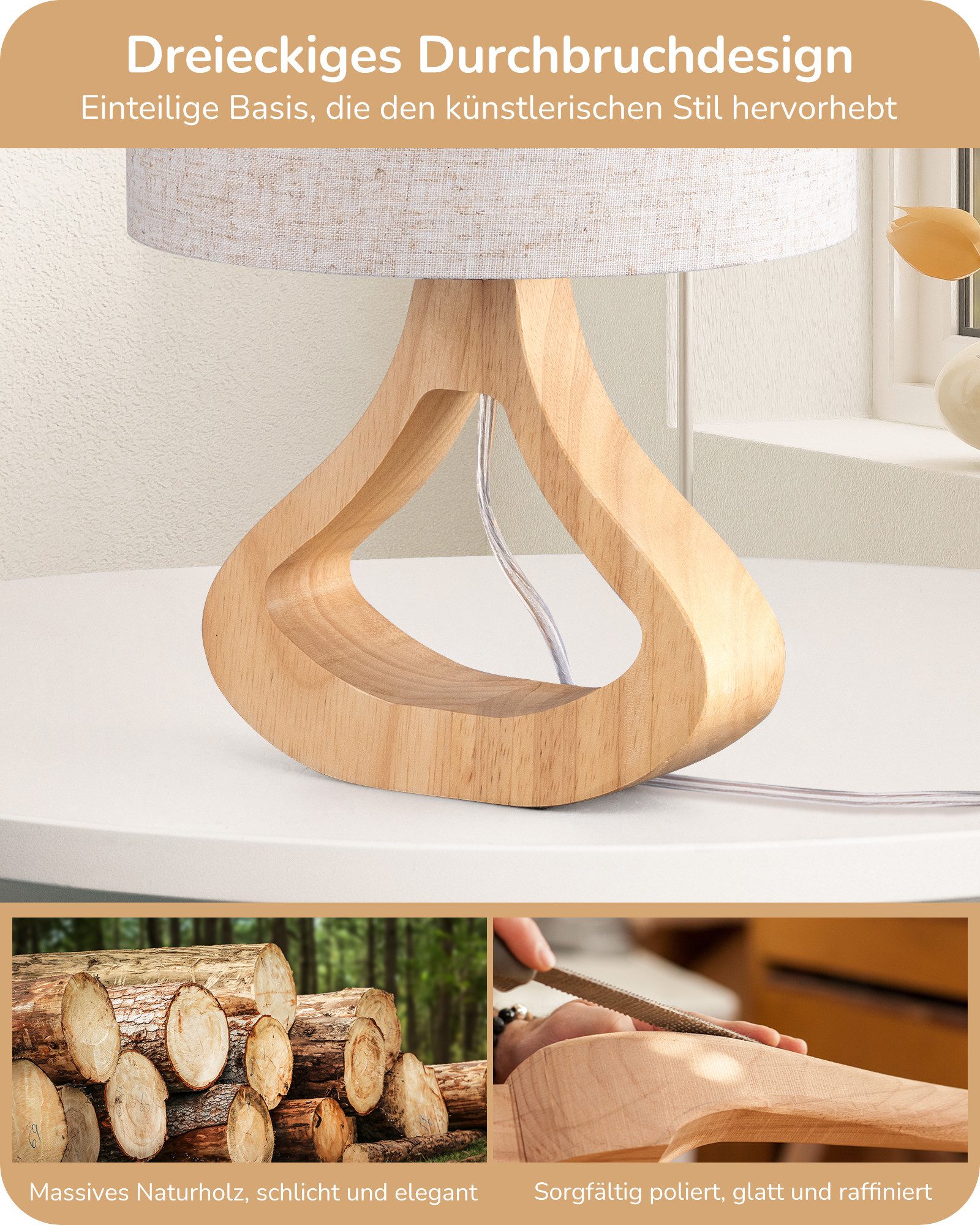 EDISHINE Nachttischlampe Höch 34cm Holz, LED wechselbar, warmweiß, Lampe mi günstig online kaufen