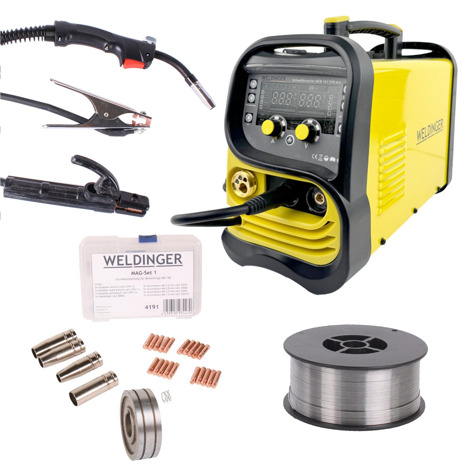 WELDINGER Schutzgasschweißgerät Set MIG/MAG-Schweißinverter MEW 161 SYN eco MAG-Set 1 Fülldraht 0,8 mm, 30 - 160 A, 8-tlg., Arbeitslicht