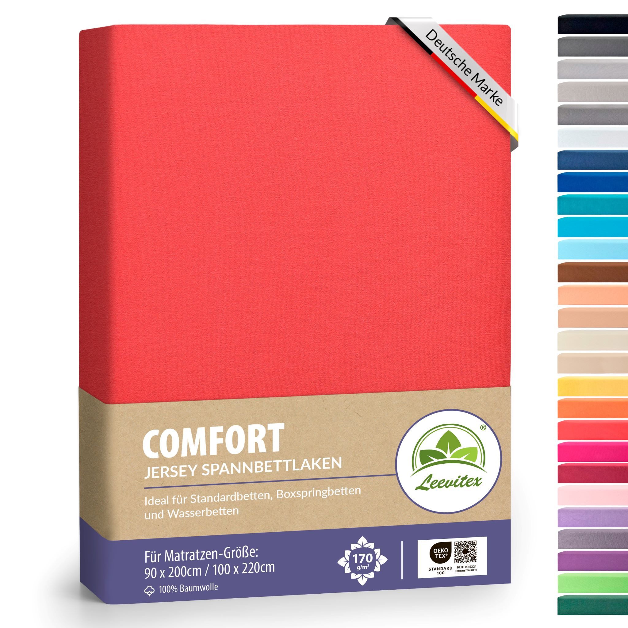 leevitex® Spannbettlaken verschiedene Größen, Stoffgewicht 170 g/m², 40 cm Steghöhe, Jersey, Gummizug: rundum, (1 Stück), verschiedene Farben, OEKO-TEX® STANDARD 100 zertifiziert
