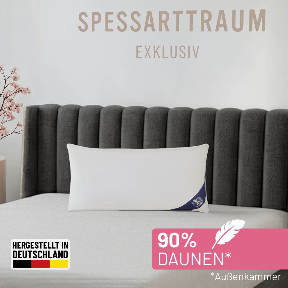 SPESSARTTRAUM 3-Kammer-Kopfkissen Exklusiv, Kissen ist made in Germany, Füllung: 90% Daunen / 10% Federn, Klasse 1, Downpass zertifiziert (Außenkammern), Bezug: 100% Baumwolle, Made in Green, Hausstauballergiker geeignet, gute Stützkraft, Seitenschläfer & Rückenschläfer