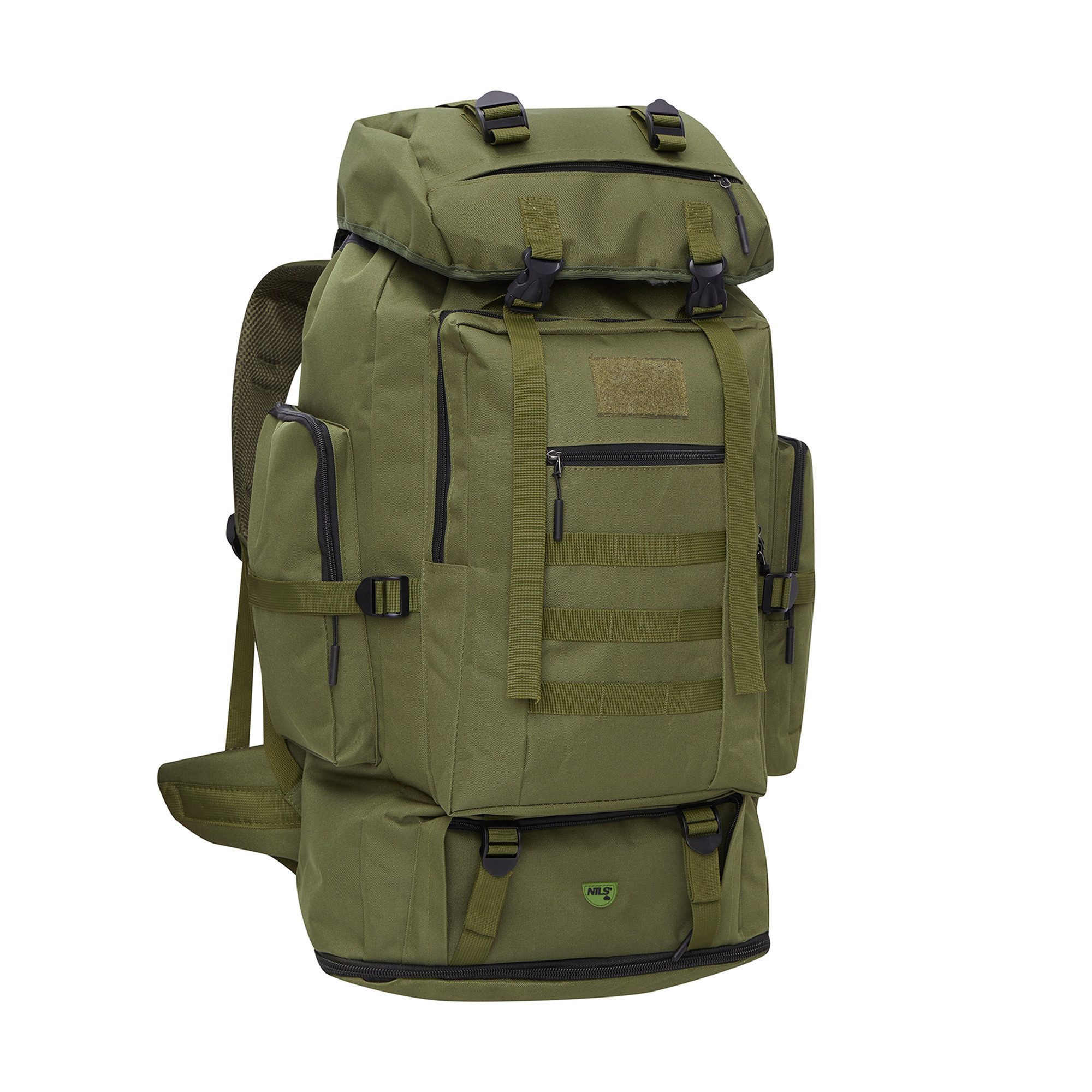 NILS CAMP Rucksack Taktischer Rucksack grün 100 l für Trekking und Outdoor, viele Taschen für großen Stauraum
