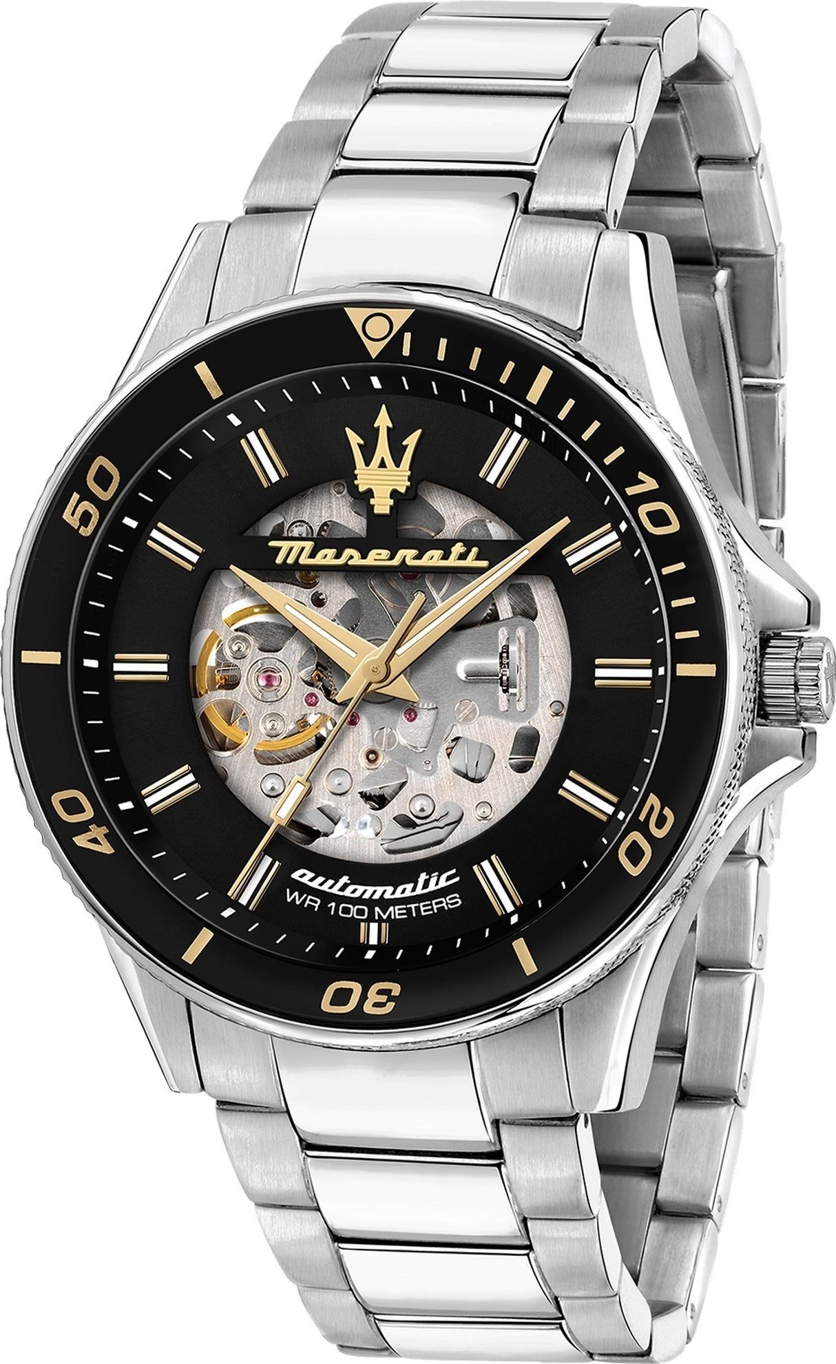 MASERATI Quarzuhr Maserati Herrenuhr Sfida Automatik, (Analoguhr), Herrenuhr rund, groß (ca. 44mm) Edelstahlarmband, Made-In Italy