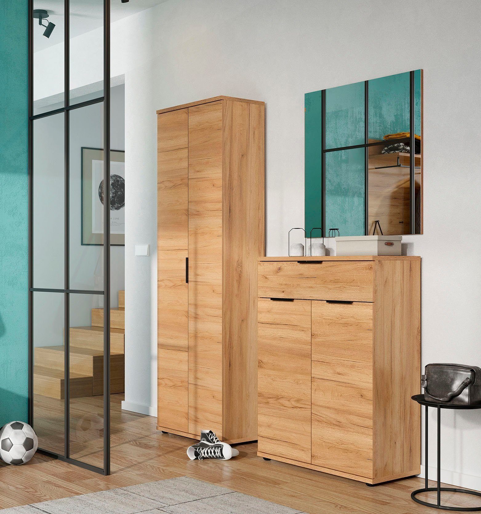 moebel-dich-auf Garderoben-Set PIEMONT, (Spar-Set, 3-St., bestehend aus Garderobenschrank, Schuhschrank mit Spiegel), in Navarra Eiche Nb.
