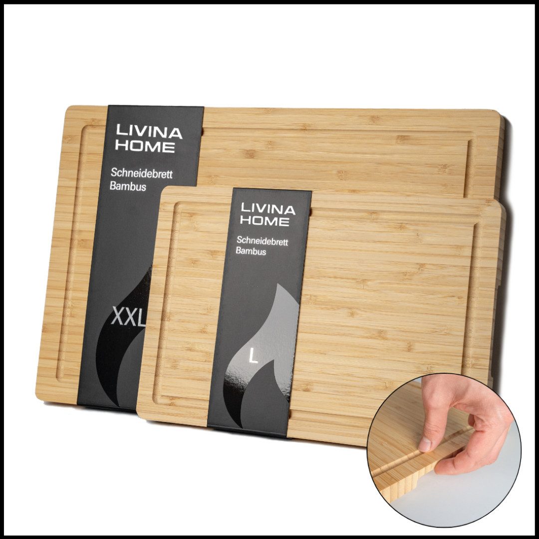 LIVINA HOME Schneidebrett Hochwertiges 100% Bambus Küchenbrett, Groß mit Griffen und Saftrille, (1-St), massives Holzbrett, Servierbrett, Cutting Board, Frühling Sale!